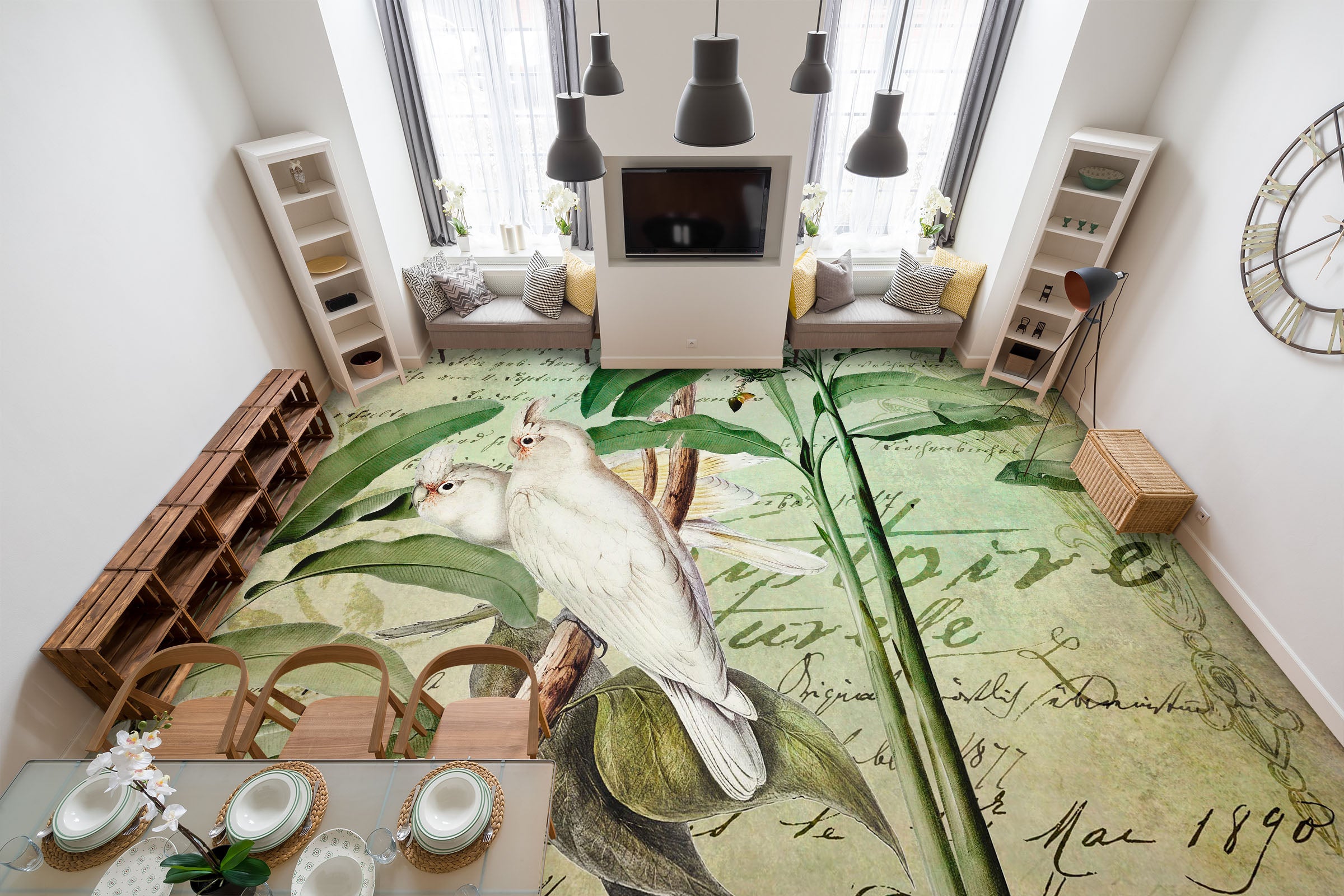 3D White Parrot Leaves 104160 Andrea Haase Floor Mural