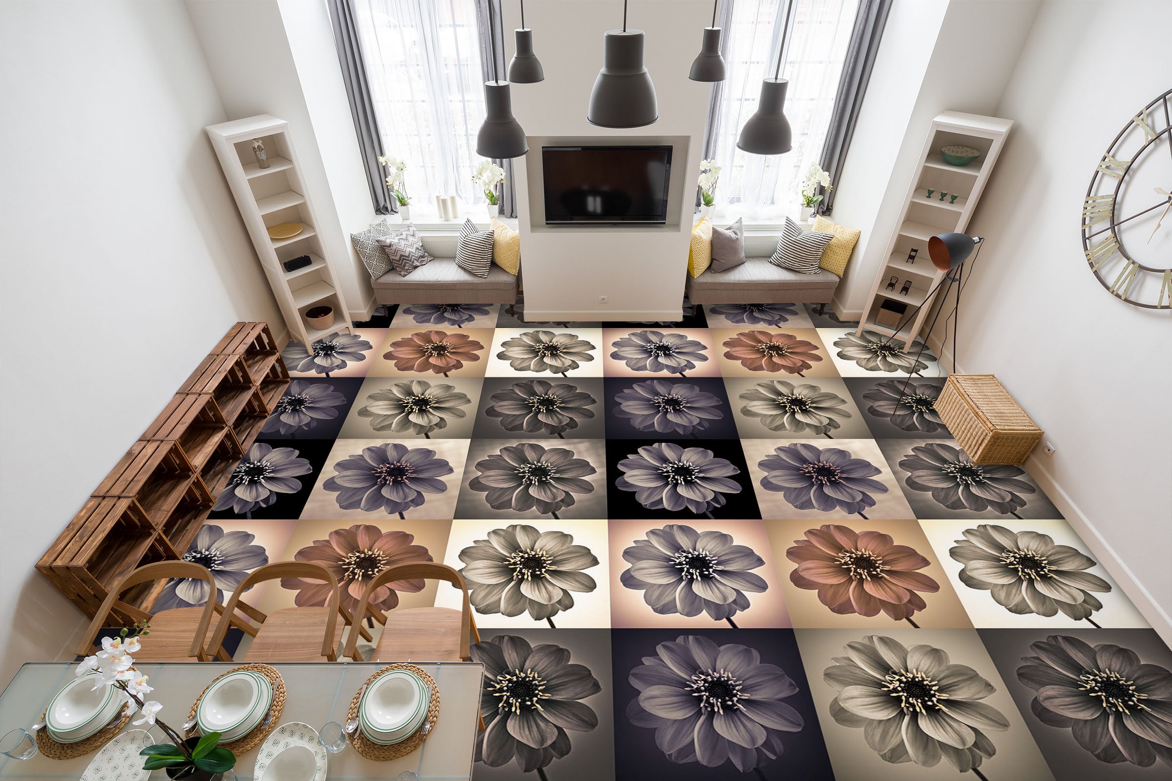 3D Square Flower Pattern 9864 Assaf Frank Floor Mural