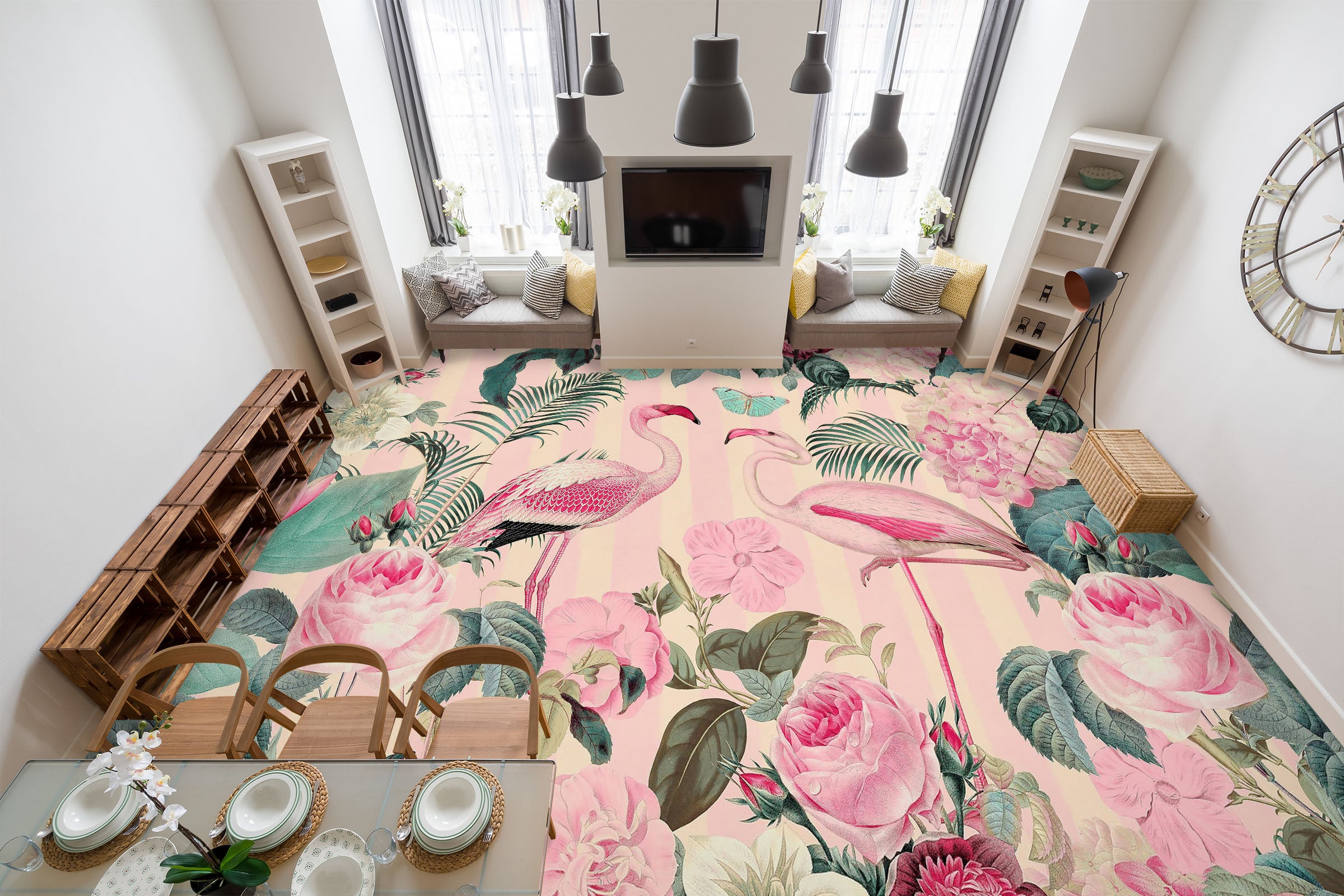 3D Flamingo Flower Bush 104145 Andrea Haase Floor Mural