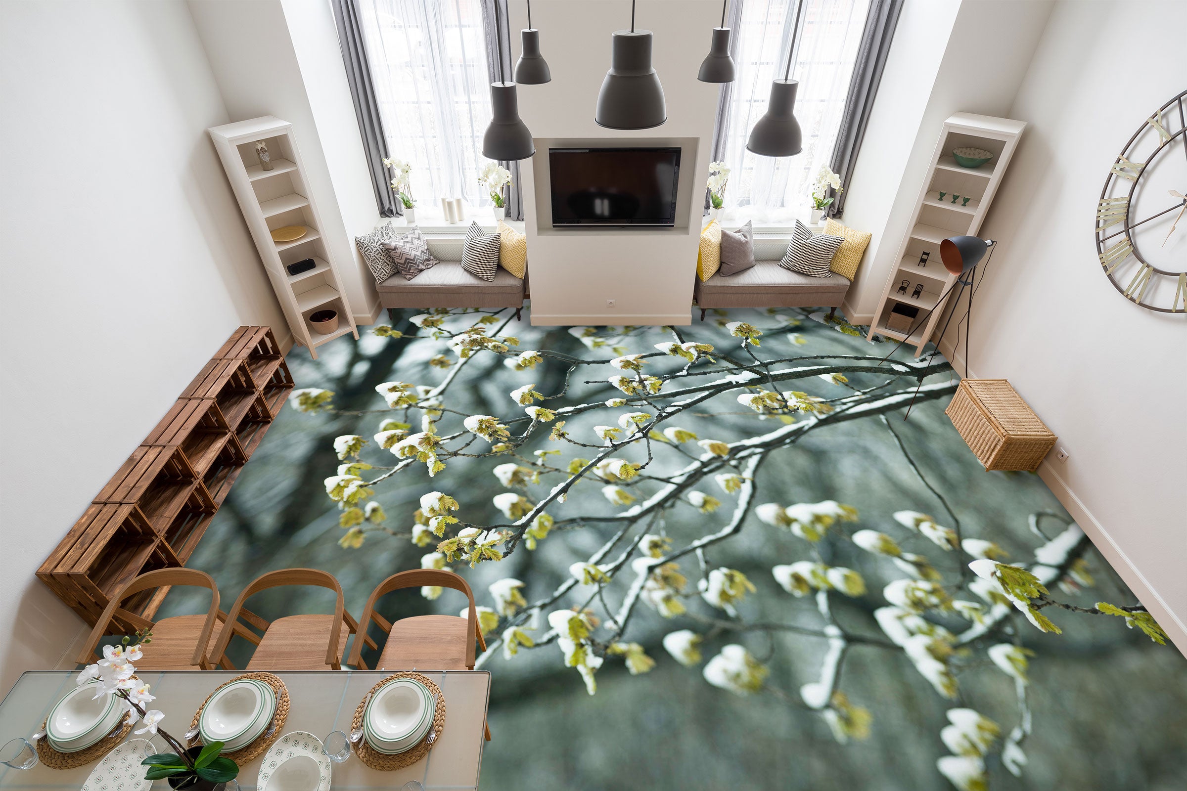 3D Snow Flower Branch 9859 Assaf Frank Floor Mural