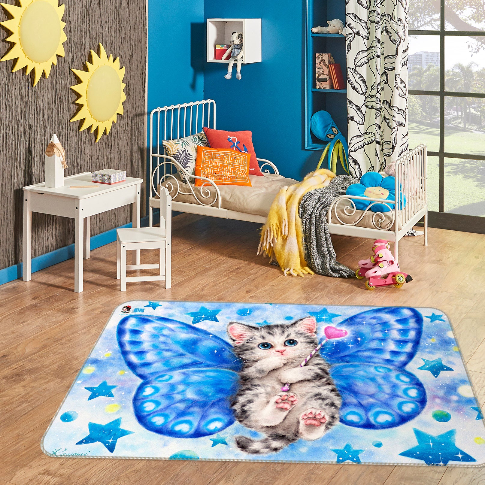 3D Blue Butterfly Cat 5711 Kayomi Harai Rug Non Slip Rug Mat