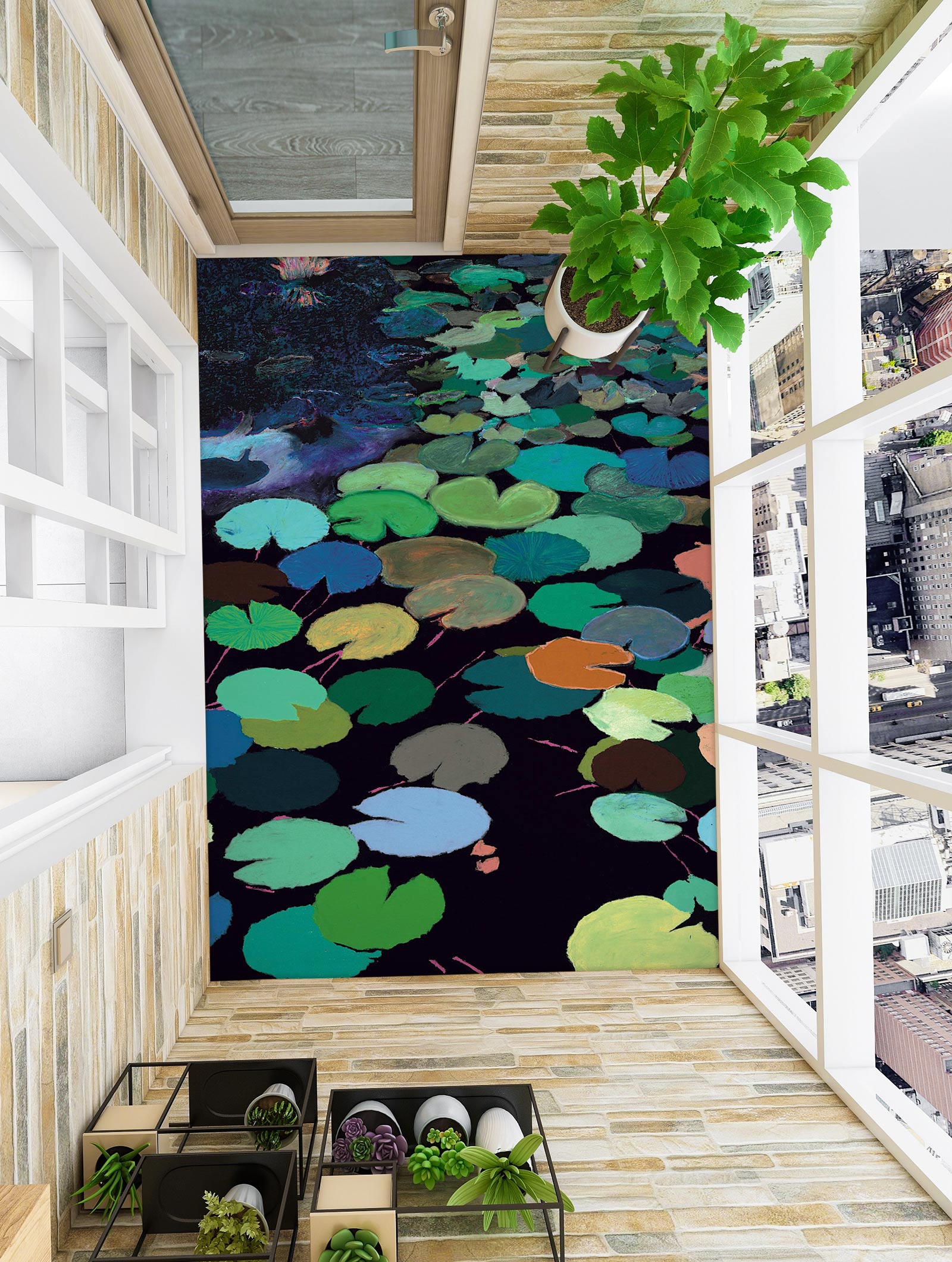 3D Green Lotus Leaf Pattern 96103 Allan P. Friedlander Floor Mural