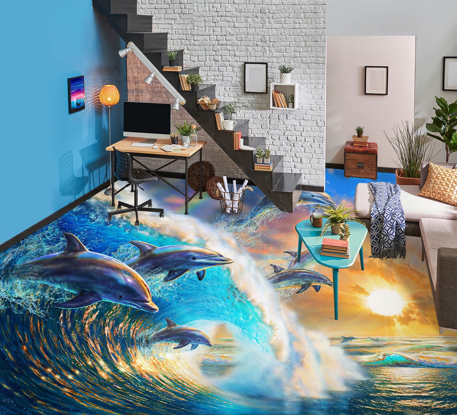 3D Dolphin Waves 98168 Adrian Chesterman Floor Mural