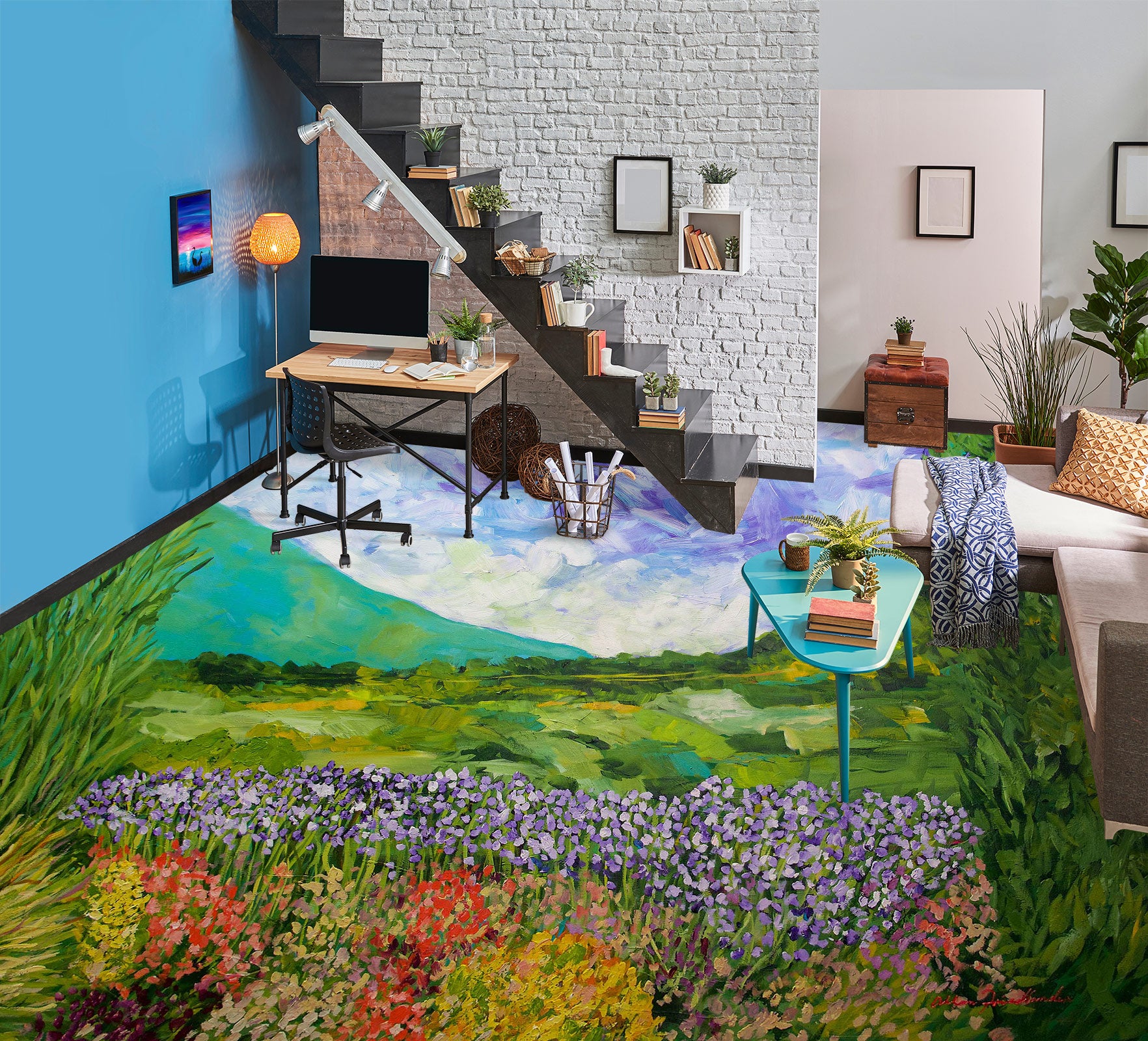 3D Grass Mountain Flowers 9677 Allan P. Friedlander Floor Mural