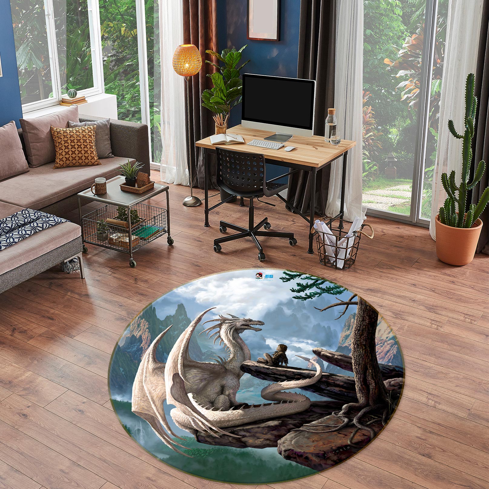 3D Trees White Dragon 6111 Ciruelo Rug Round Non Slip Rug Mat