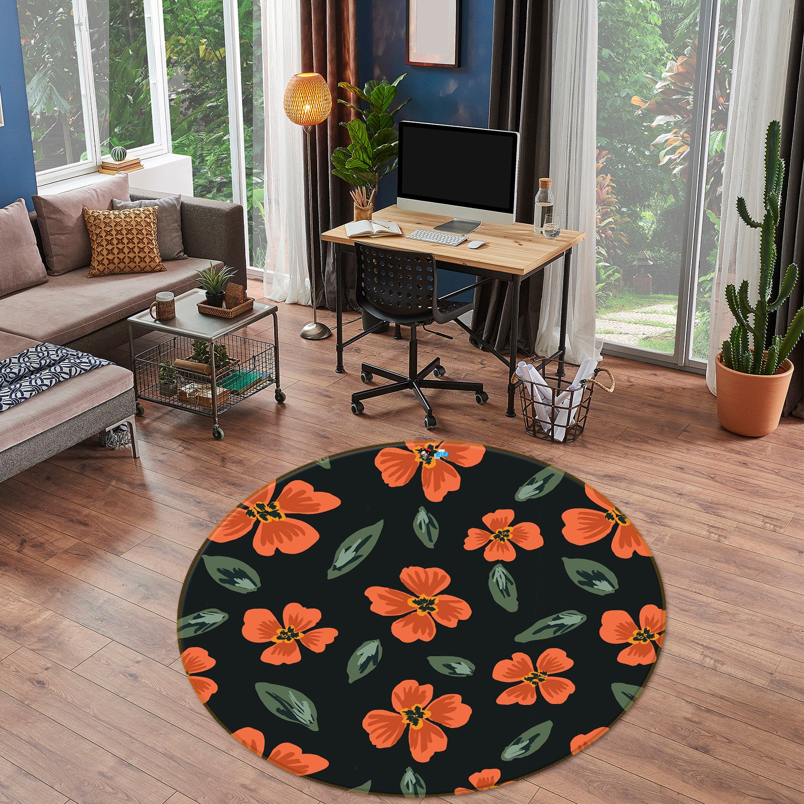 3D Orange Flowers 10535 Kashmira Jayaprakash Rug Round Non Slip Rug Mat