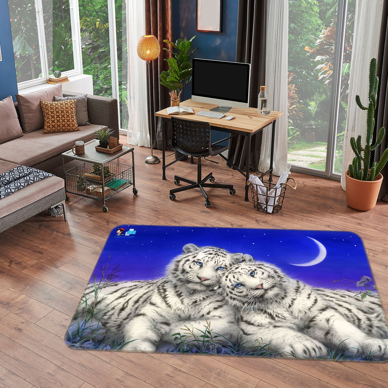 3D White Tiger Moon 5745 Kayomi Harai Rug Non Slip Rug Mat