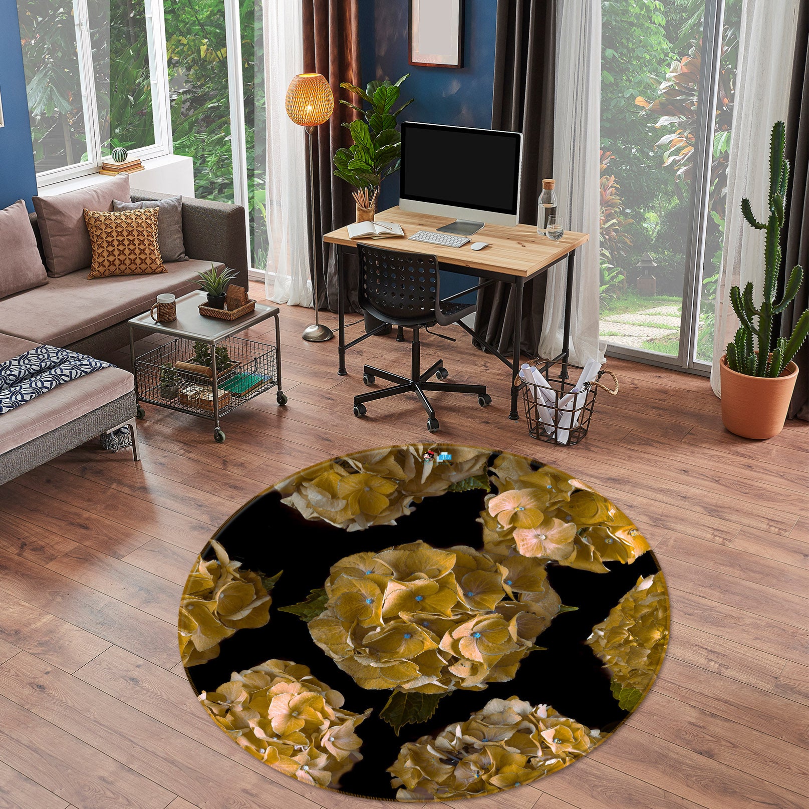 3D Yellow Flowers 7325 Assaf Frank Rug Round Non Slip Rug Mat