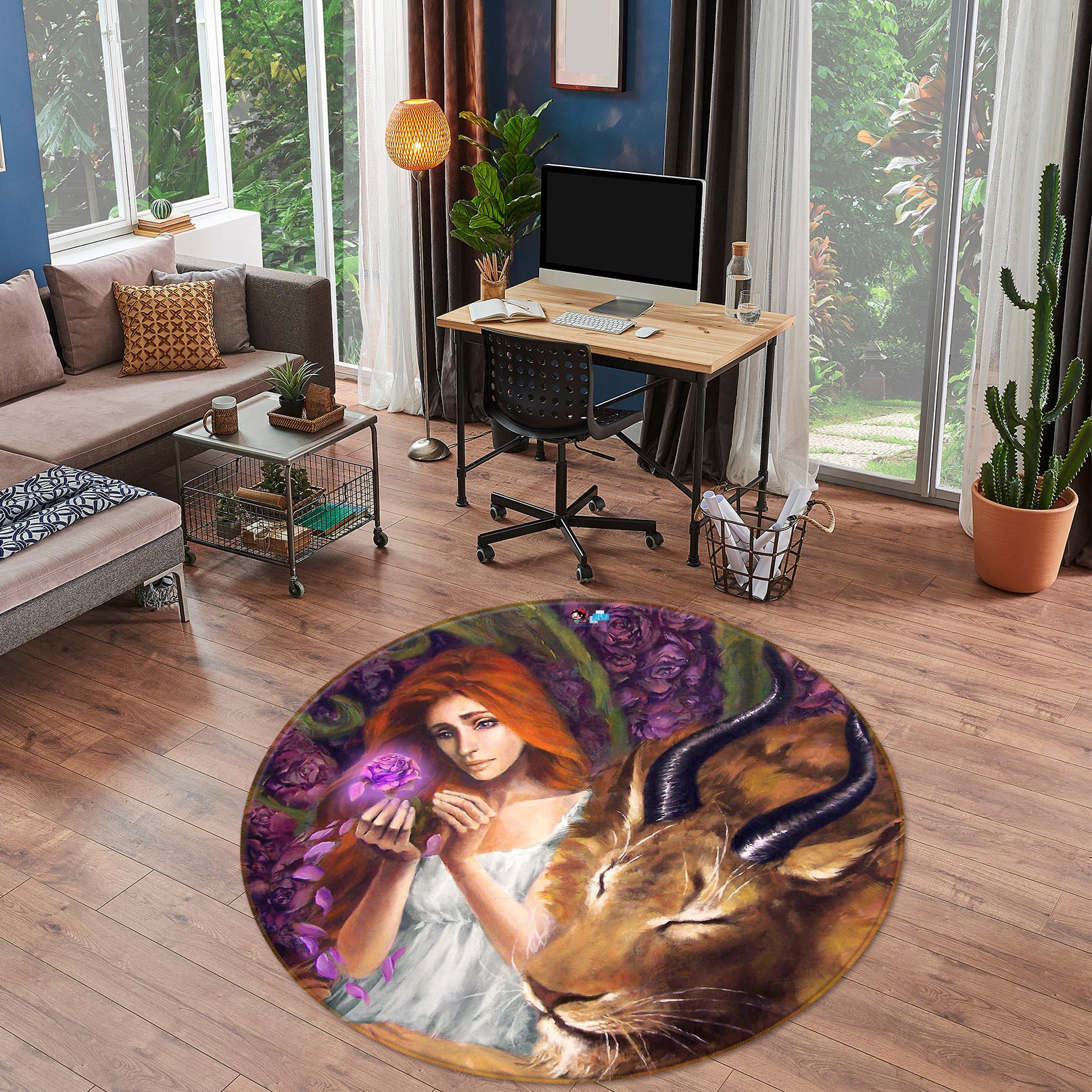 3D Tiger Woman 8355 Ruth Thompson Rug Round Non Slip Rug Mat