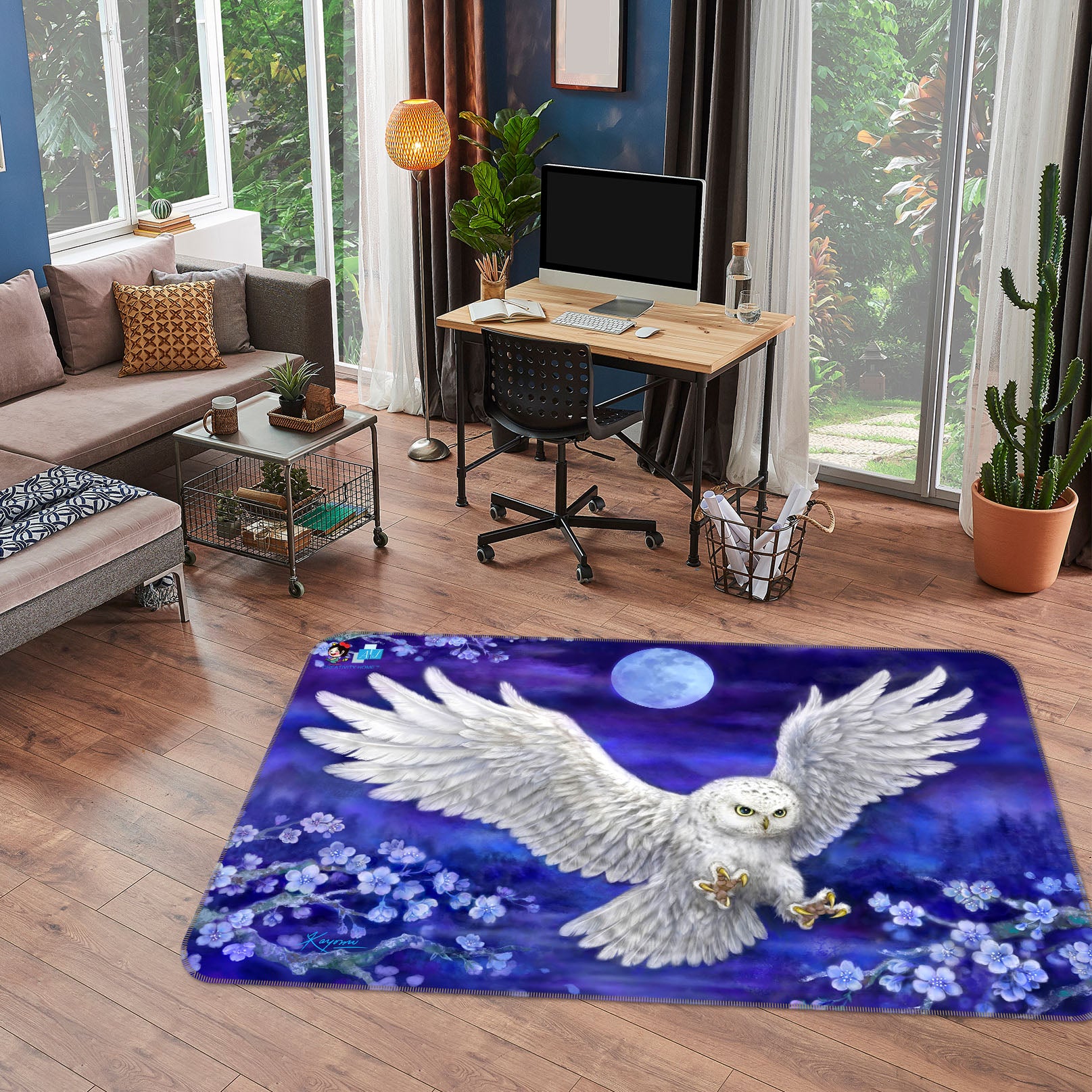 3D White Owl Moon 5651 Kayomi Harai Rug Non Slip Rug Mat