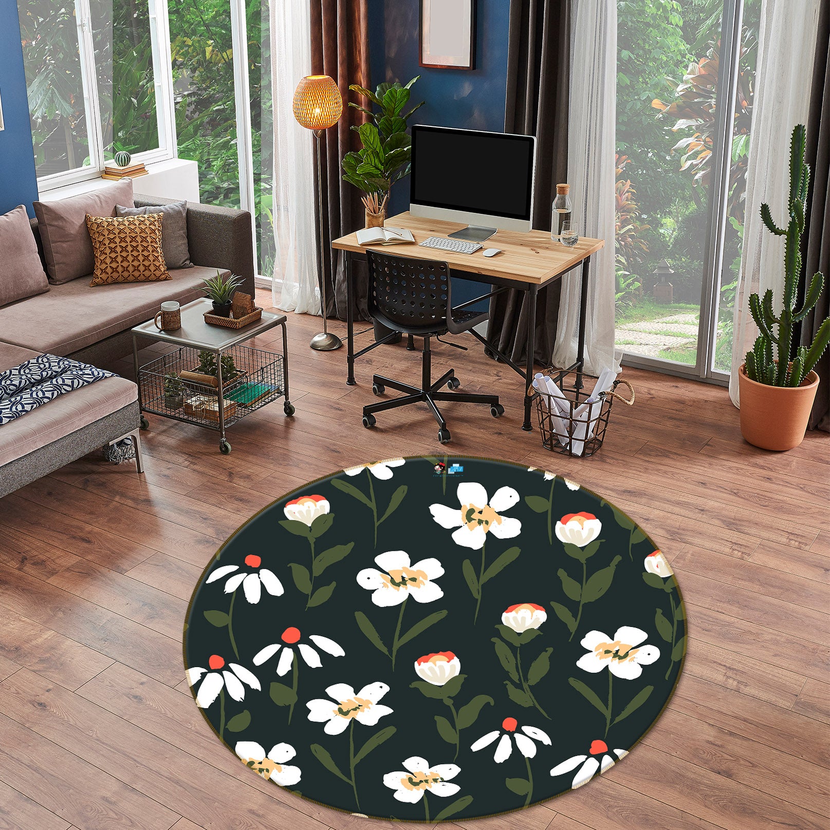 3D White Floral 10521 Kashmira Jayaprakash Rug Round Non Slip Rug Mat