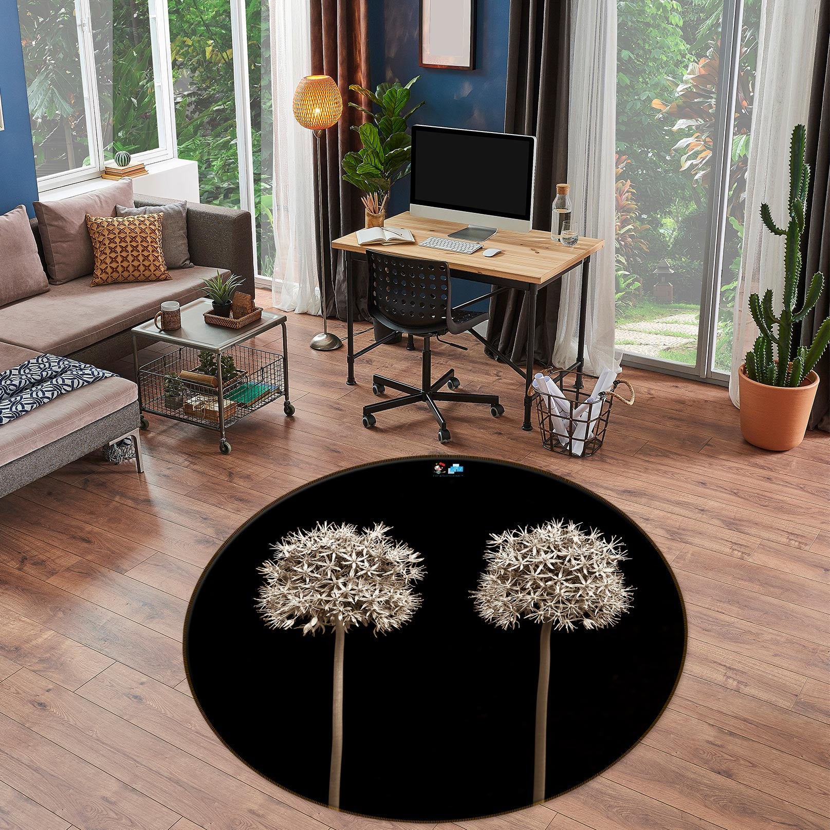 3D Dandelion Black 7602 Assaf Frank Rug Round Non Slip Rug Mat