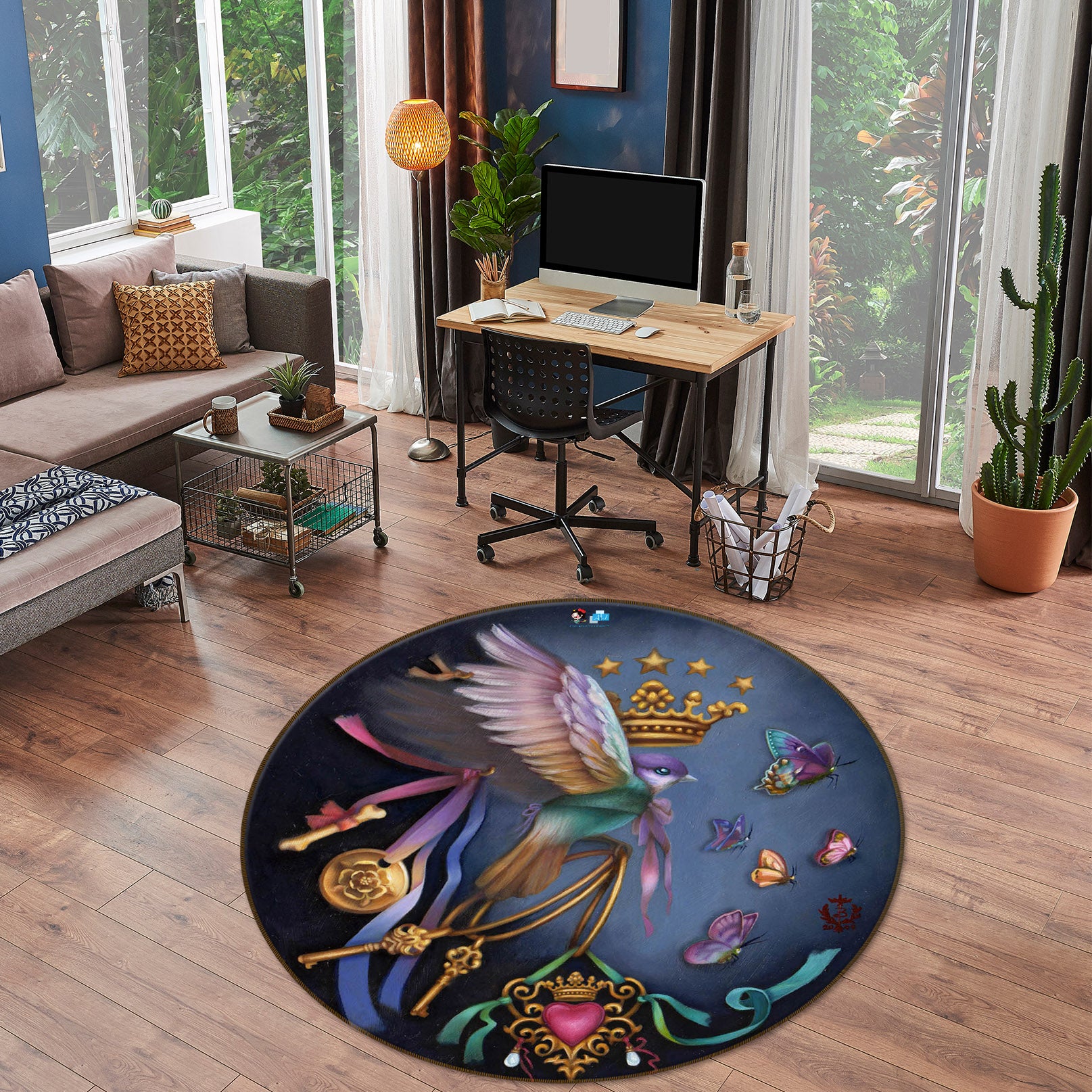 3D Crown Bird Butterfly 8914 Brigid Ashwood Rug Round Non Slip Rug Mat