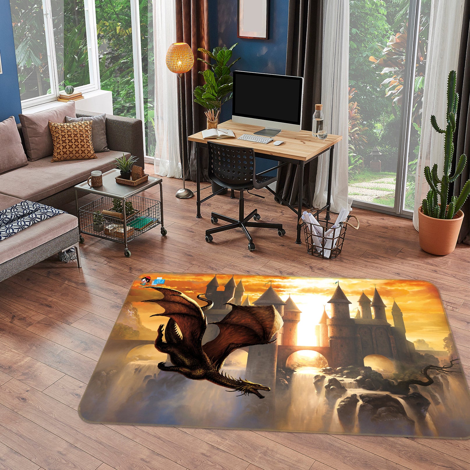 3D Sunset Castle Dragon 5152 Ciruelo Rug Non Slip Rug Mat