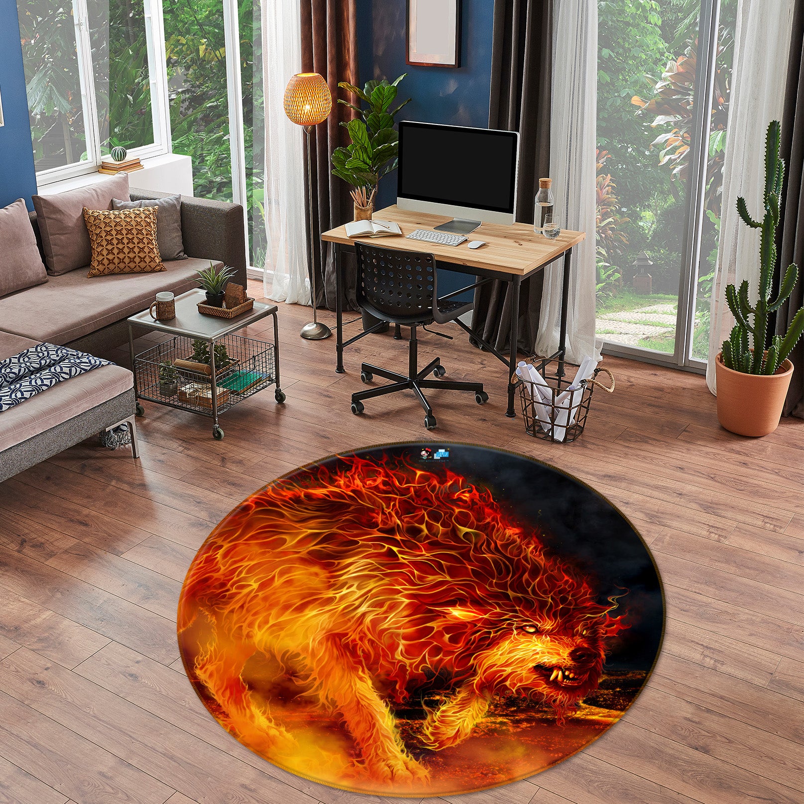 3D Flaming Wolf 4196 Tom Wood Rug Round Non Slip Rug Mat