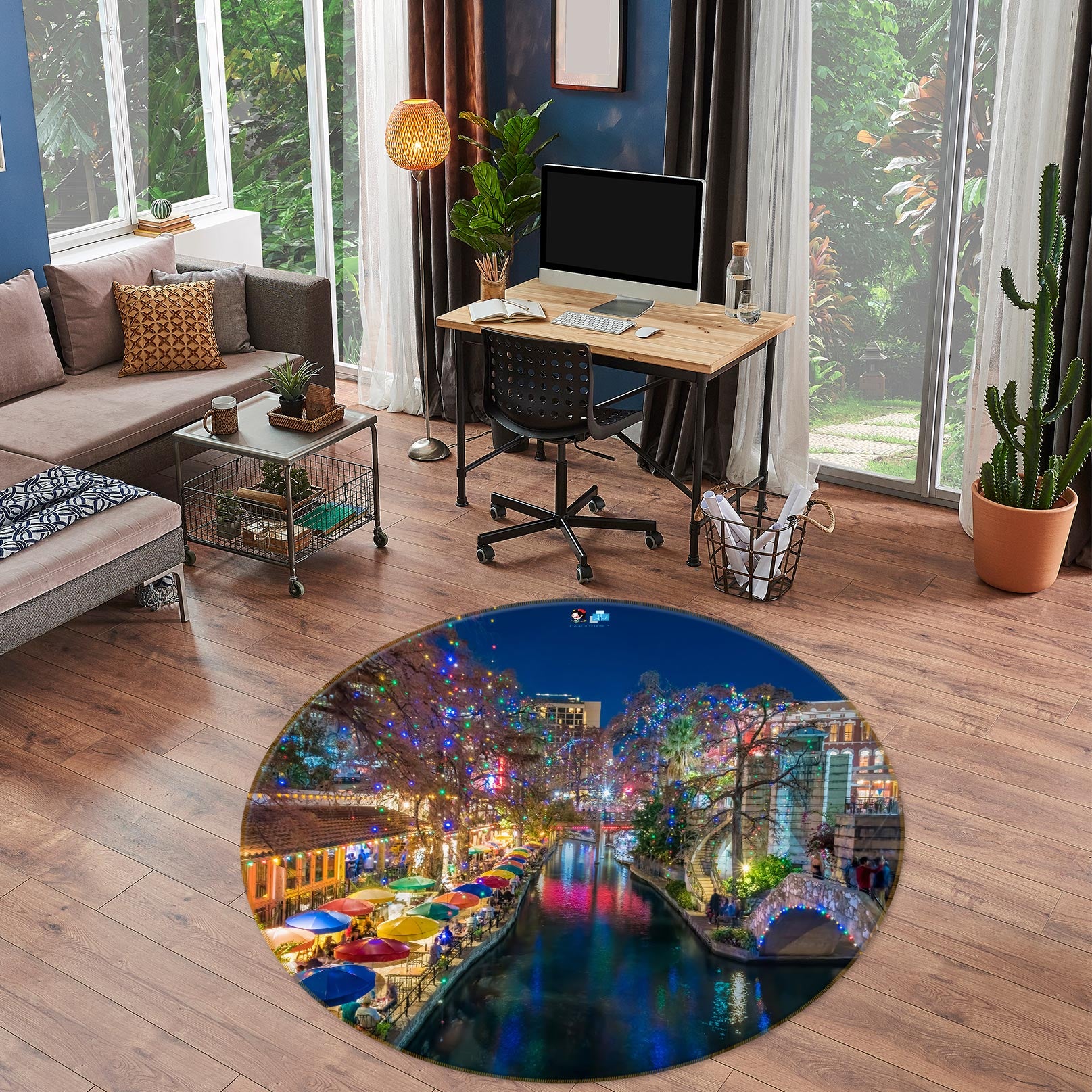 3D Town Lights Lake 5047 Beth Sheridan Rug Round Non Slip Rug Mat