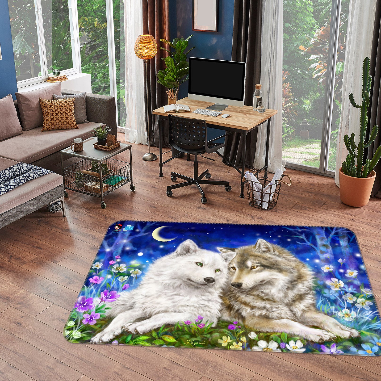 3D Wolf Couple 5725 Kayomi Harai Rug Non Slip Rug Mat