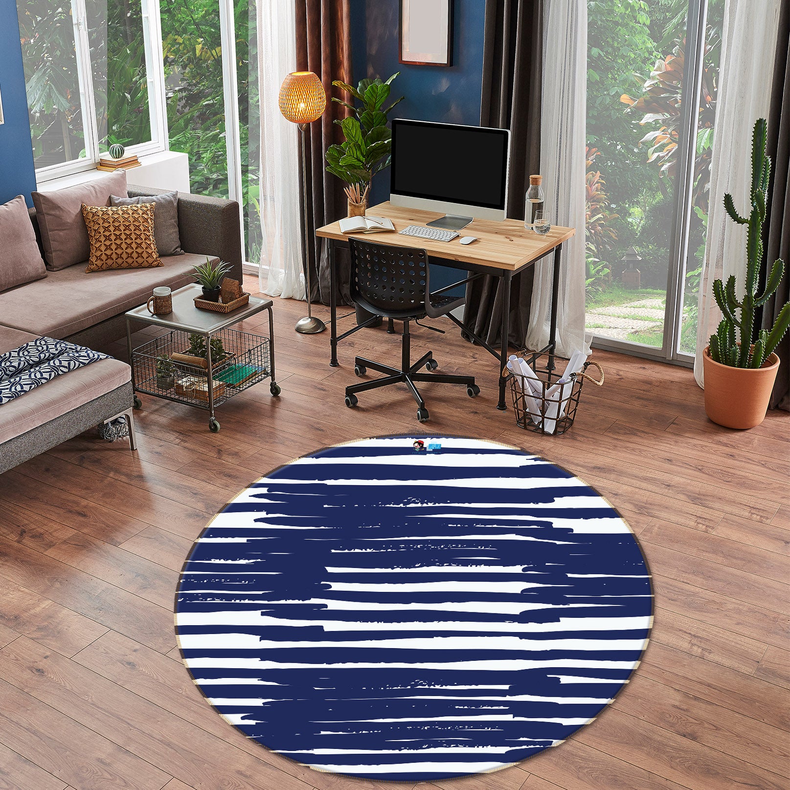 3D Navy Blue Stripe Pattern 10593 Kashmira Jayaprakash Rug Round Non Slip Rug Mat