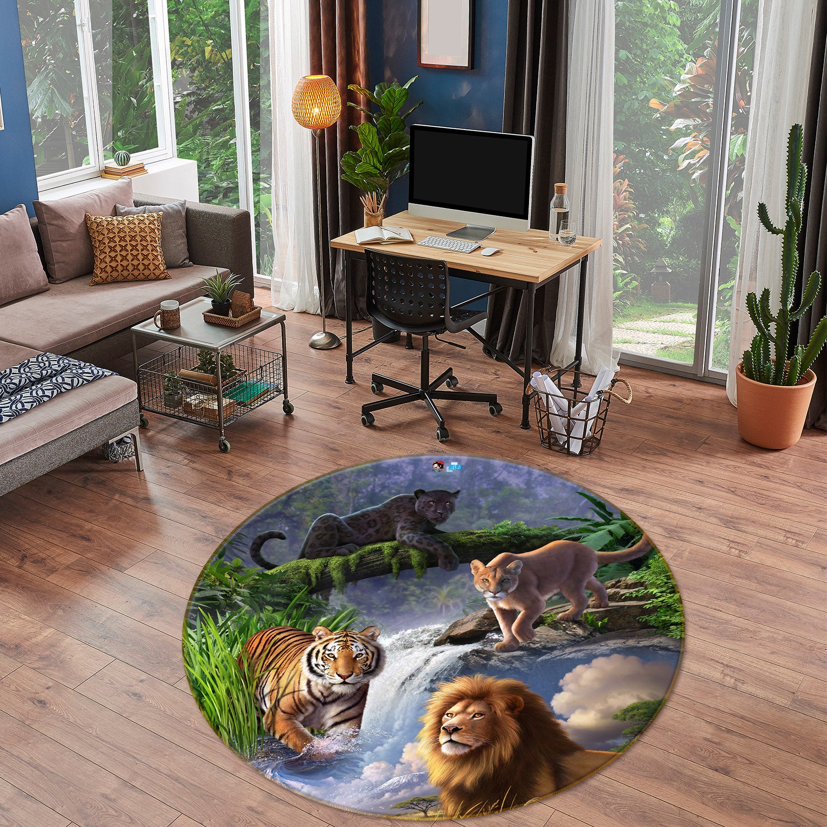 3D Tiger Lion 85124 Jerry LoFaro Rug Round Non Slip Rug Mat