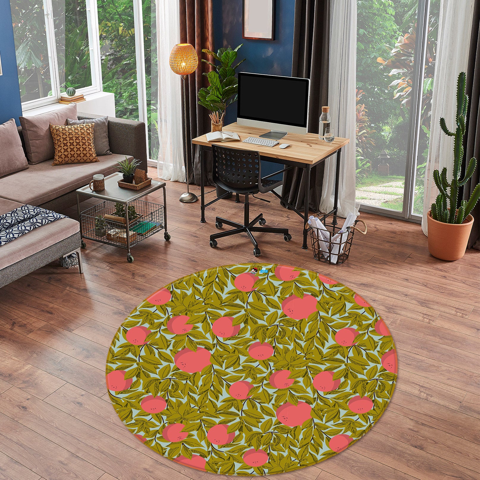 3D Leaves Red Flowers 10567 Kashmira Jayaprakash Rug Round Non Slip Rug Mat