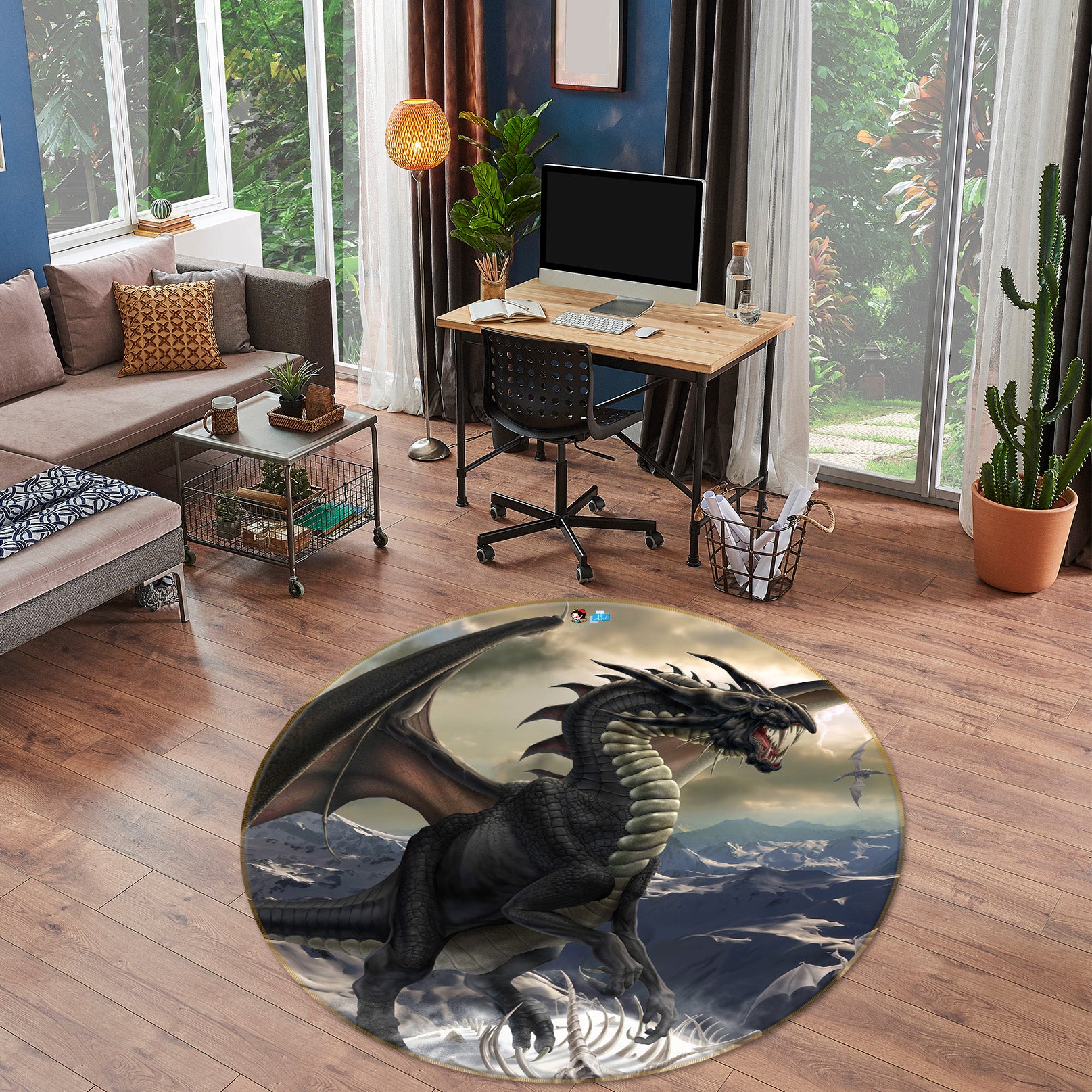 3D Dragon 4161 Tom Wood Rug Round Non Slip Rug Mat