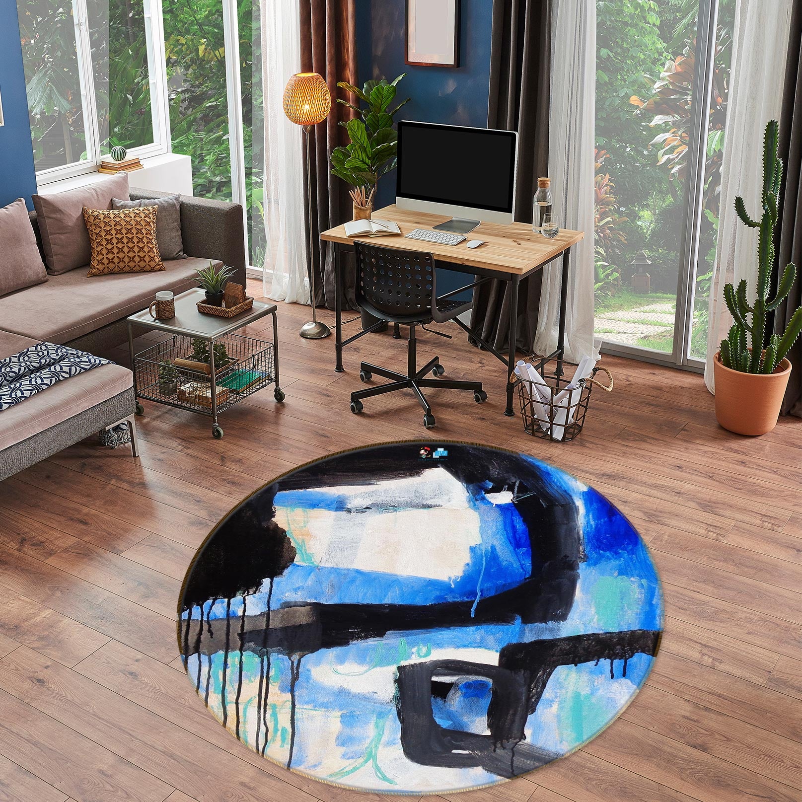 3D Blue Black 1372 Misako Chida Rug Round Non Slip Rug Mat