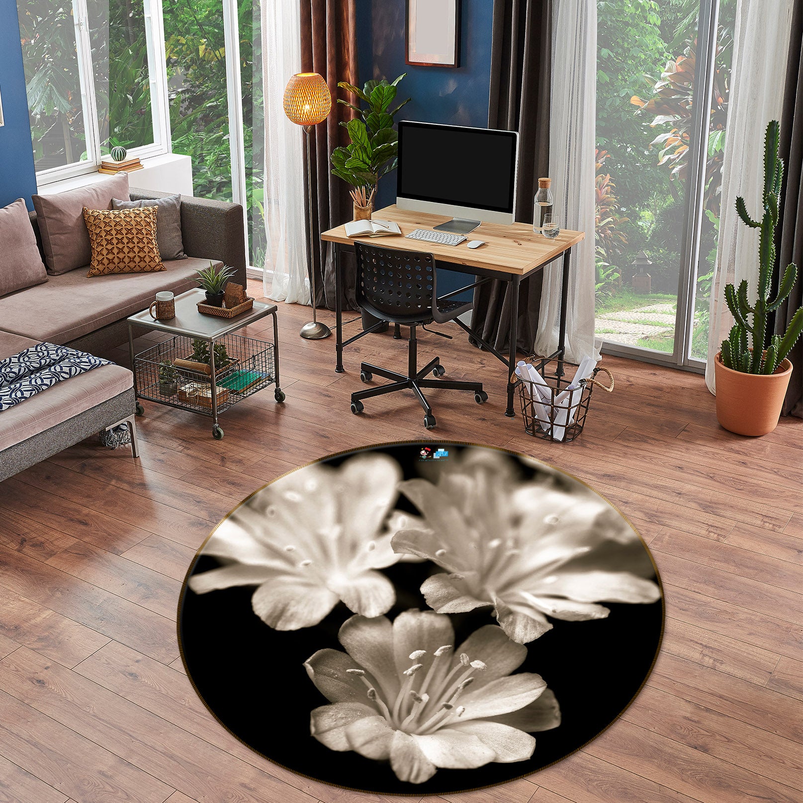 3D Grey Flowers 7301 Assaf Frank Rug Round Non Slip Rug Mat