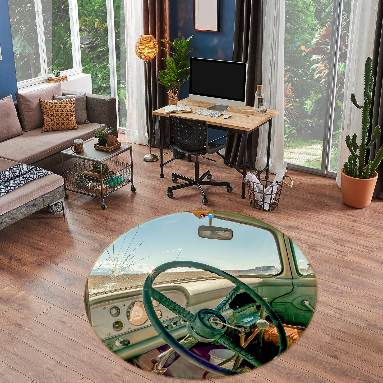 3D Green Steering Wheel 5011 Beth Sheridan Rug Round Non Slip Rug Mat