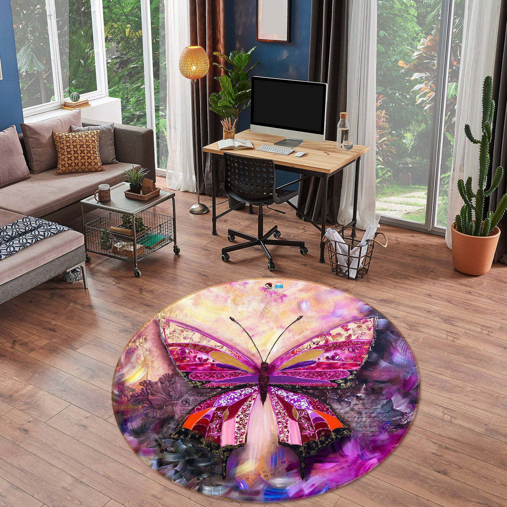 3D Purple Butterfly 858 Skromova Marina Rug Round Non Slip Rug Mat