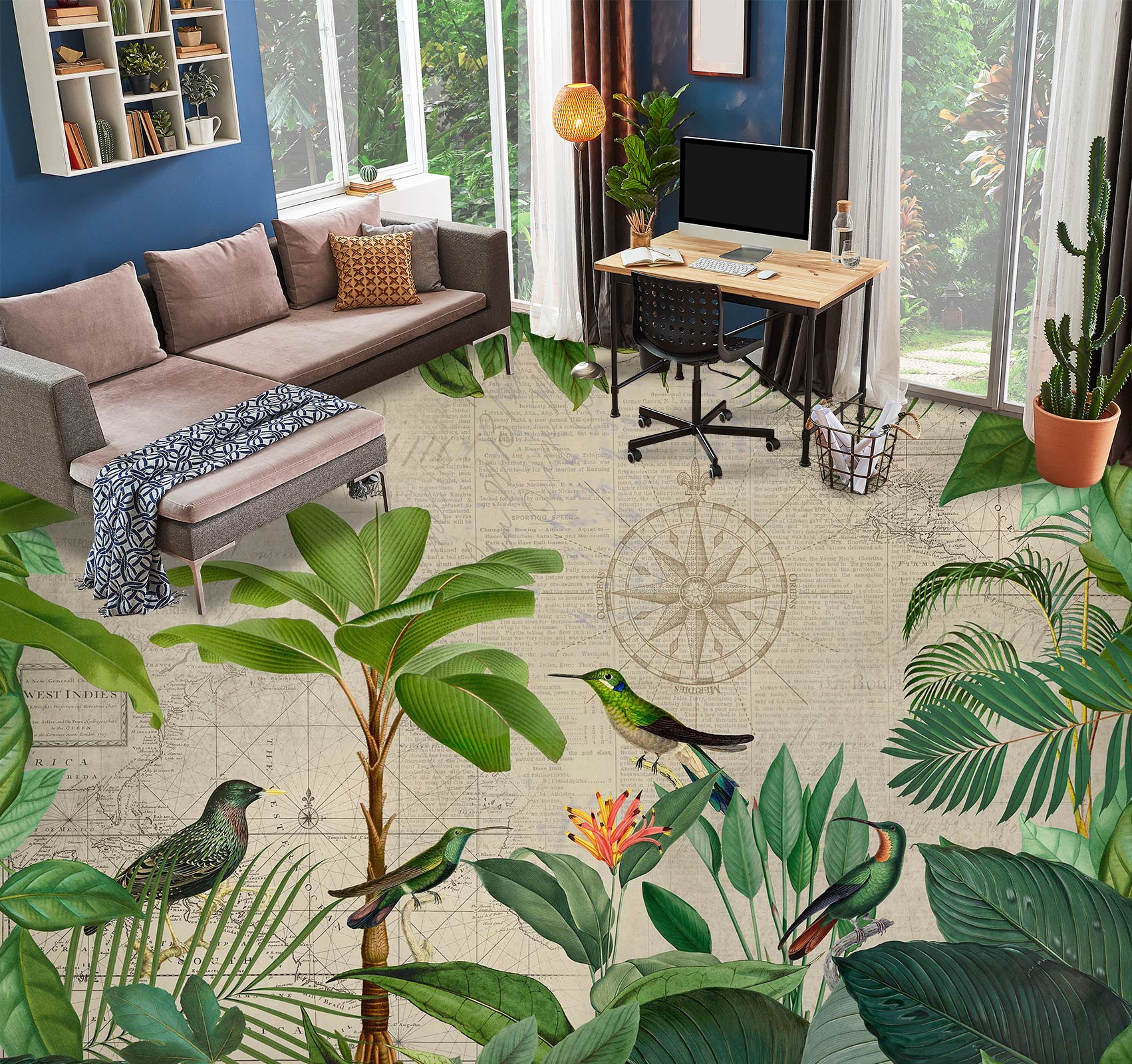 3D Green Tree Leaves Bird 10046 Andrea Haase Floor Mural