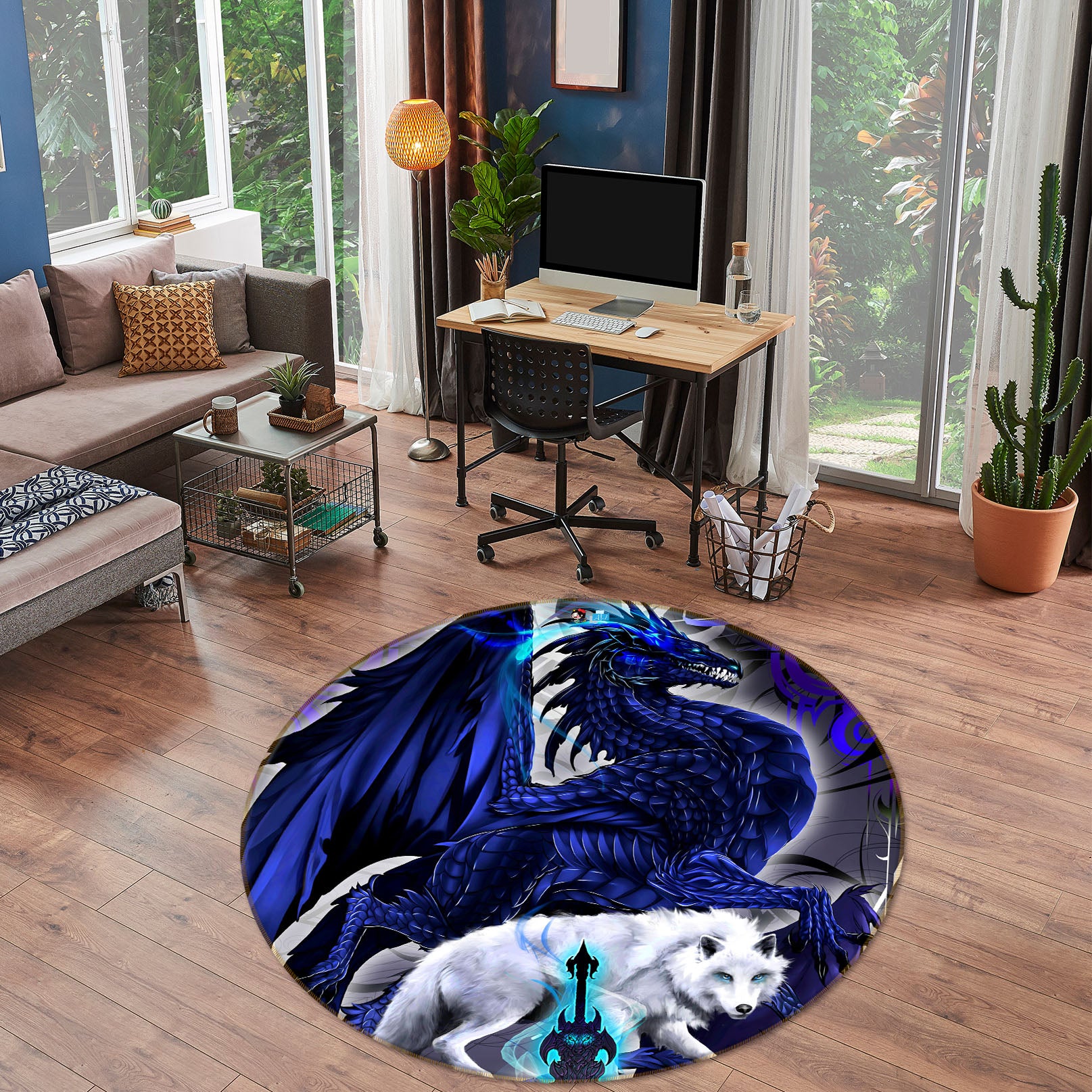 3D Dragon Wolf 8363 Ruth Thompson Rug Round Non Slip Rug Mat