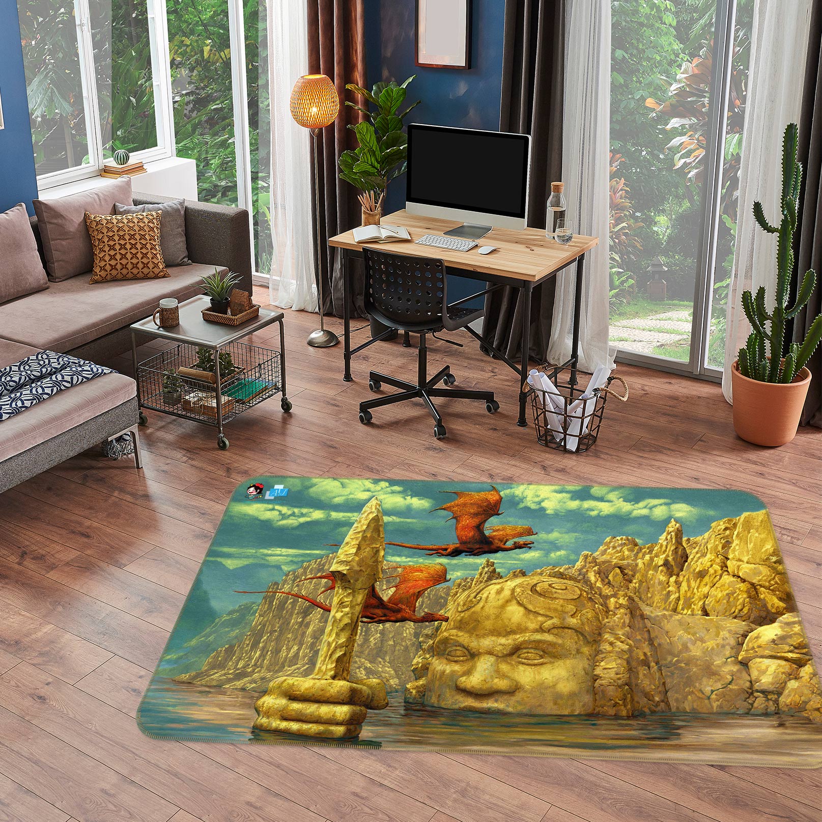 3D Stone Statue Dragon 5155 Ciruelo Rug Non Slip Rug Mat