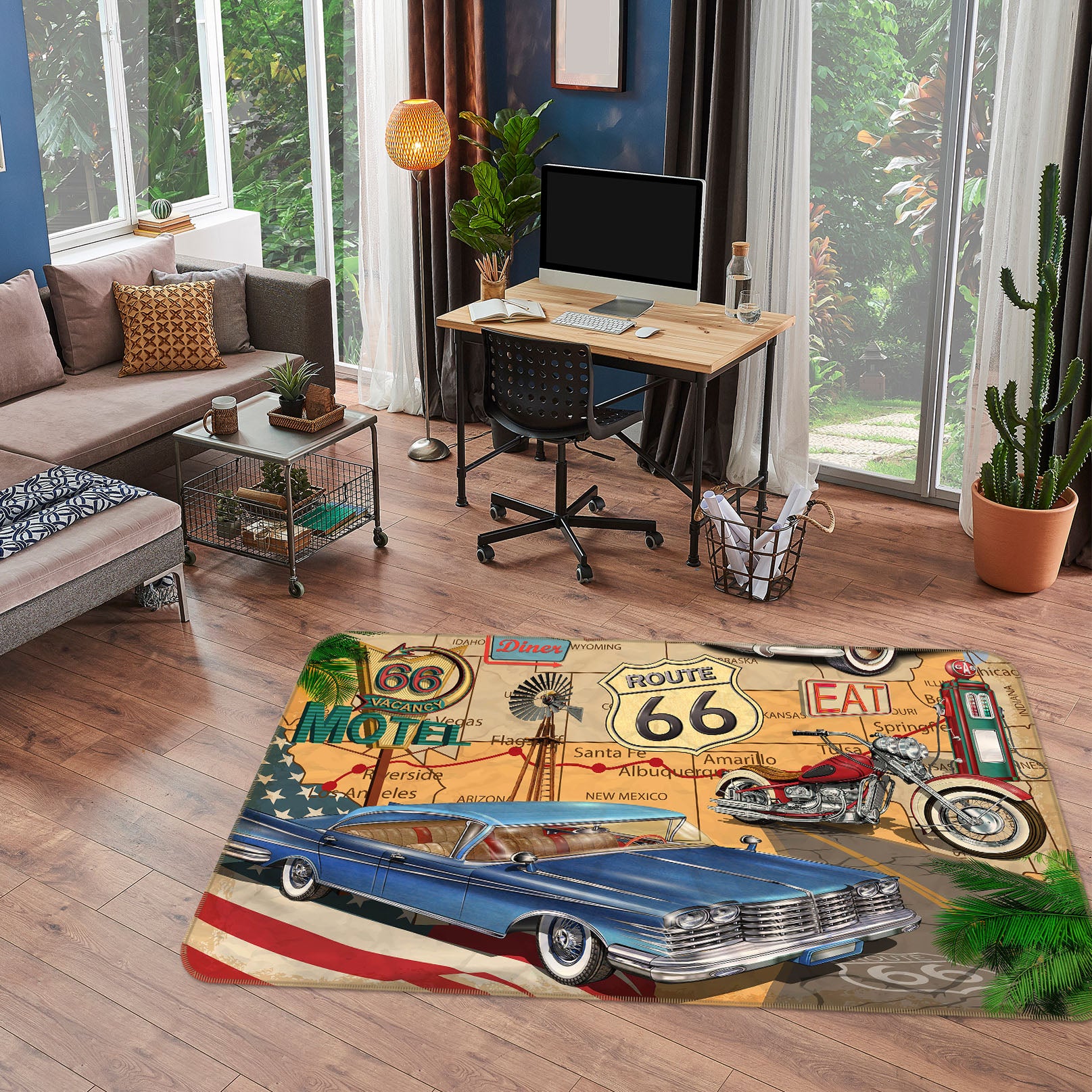 3D Retro Blue Car Motorcycle 68071 Vehicle Non Slip Rug Mat