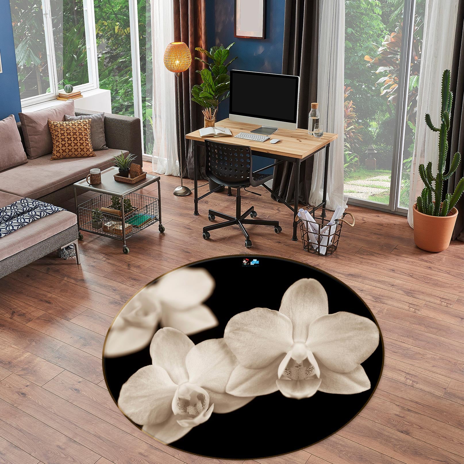 3D White Flower 7504 Assaf Frank Rug Round Non Slip Rug Mat