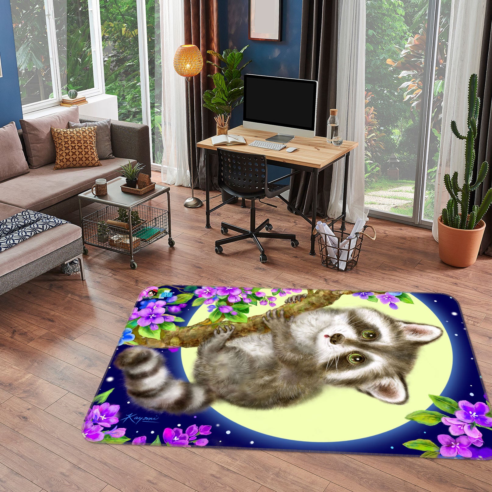 3D Flower Moon Tanuki 5740 Kayomi Harai Rug Non Slip Rug Mat