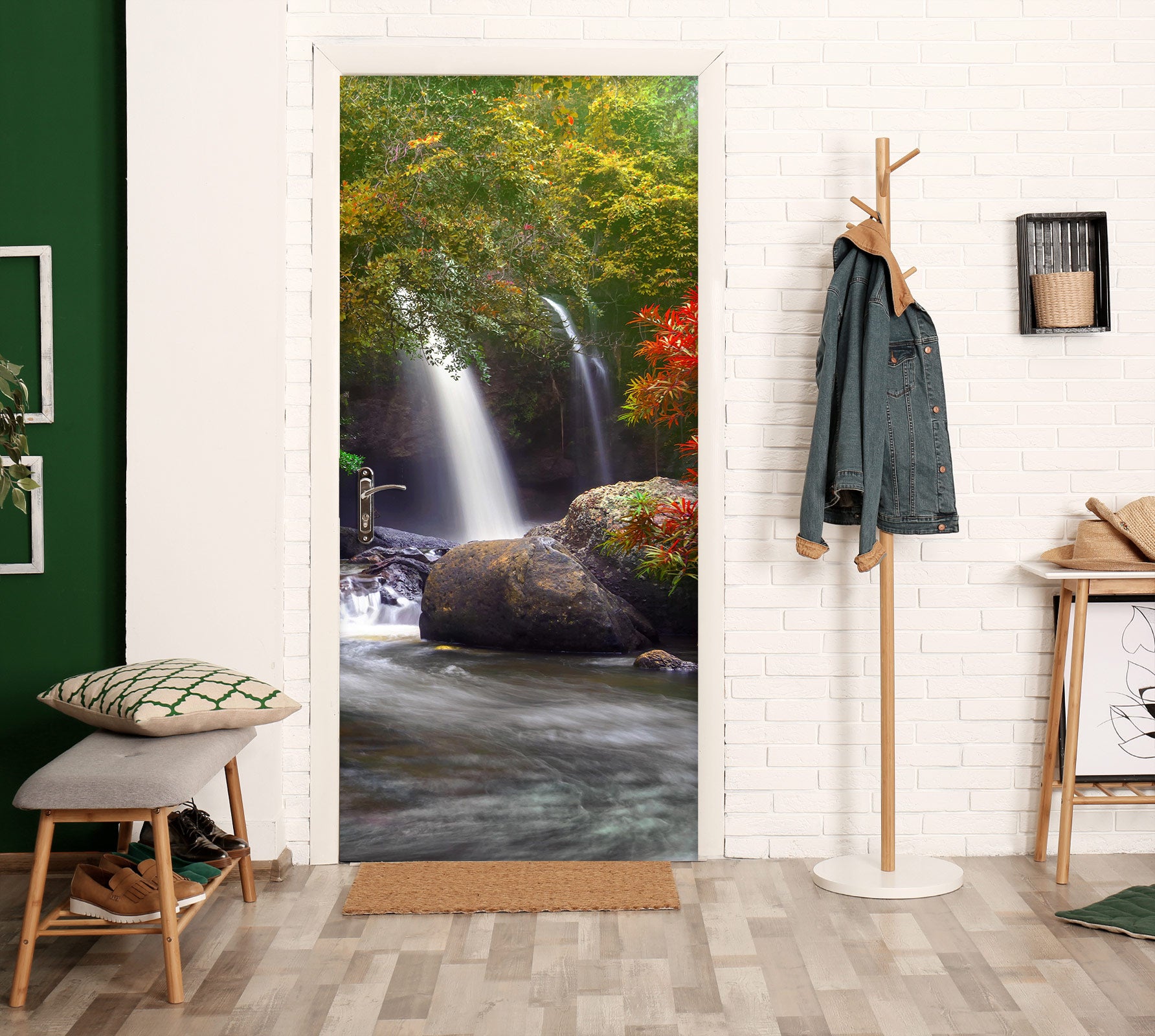 3D Stone Tree Waterfall 155 Door Mural