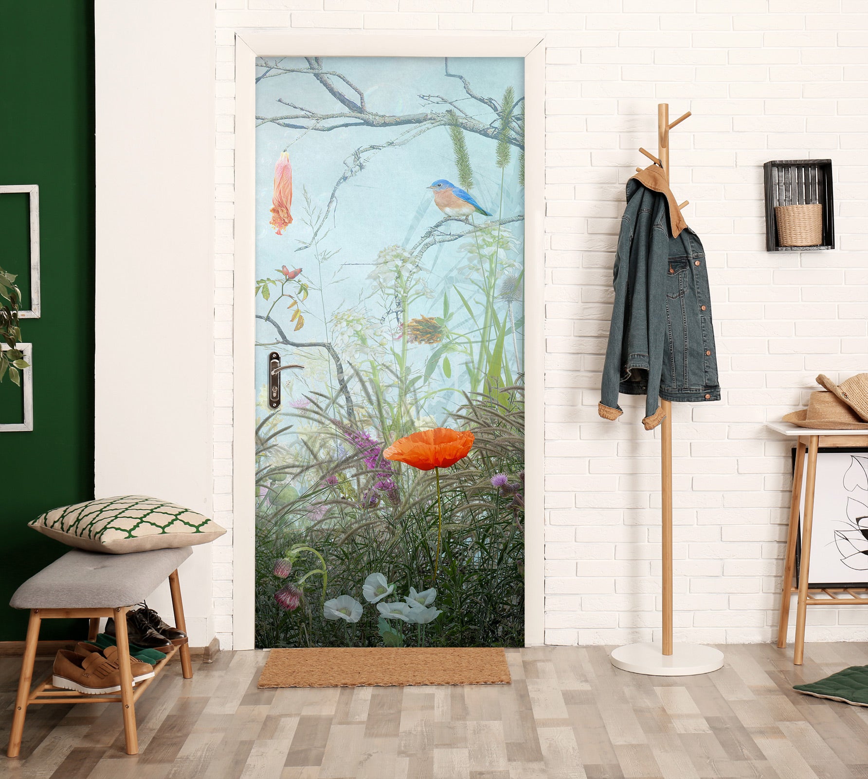 3D Flowers Grass Bird 107184 Beth Sheridan Door Mural