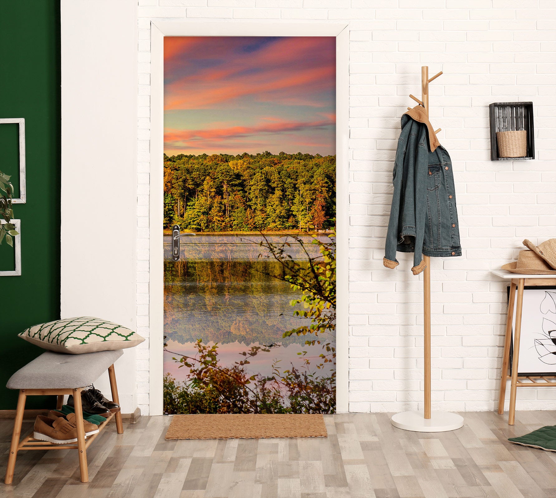 3D Forest Lake Pink Clouds 107227 Beth Sheridan Door Mural