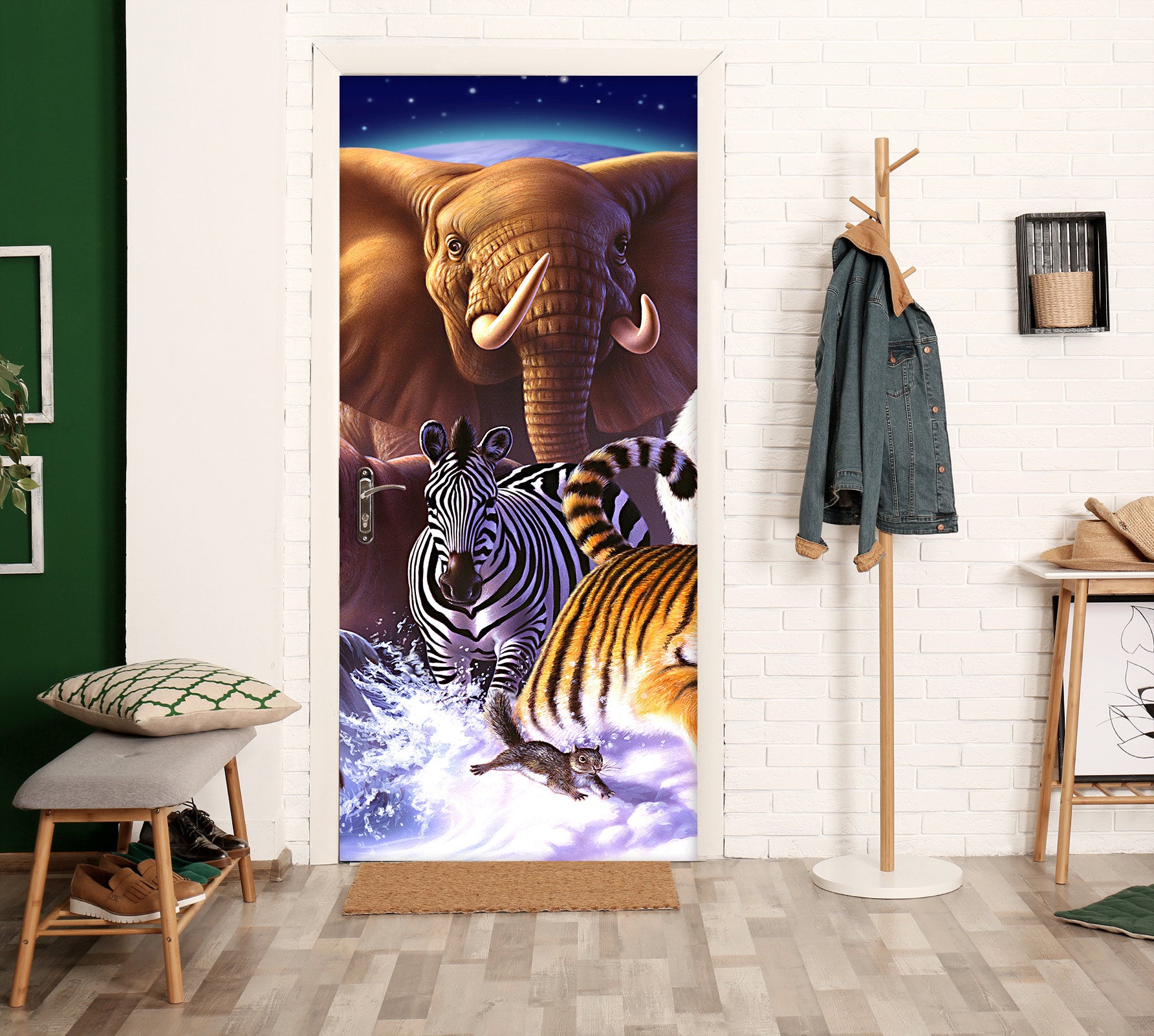 3D Elephant Zebra Tiger 112162 Jerry LoFaro Door Mural