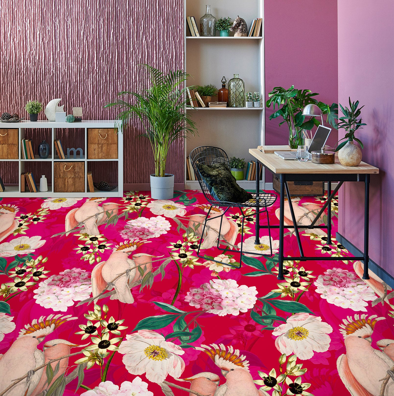 3D Pink Flower Bird 99206 Uta Naumann Floor Mural