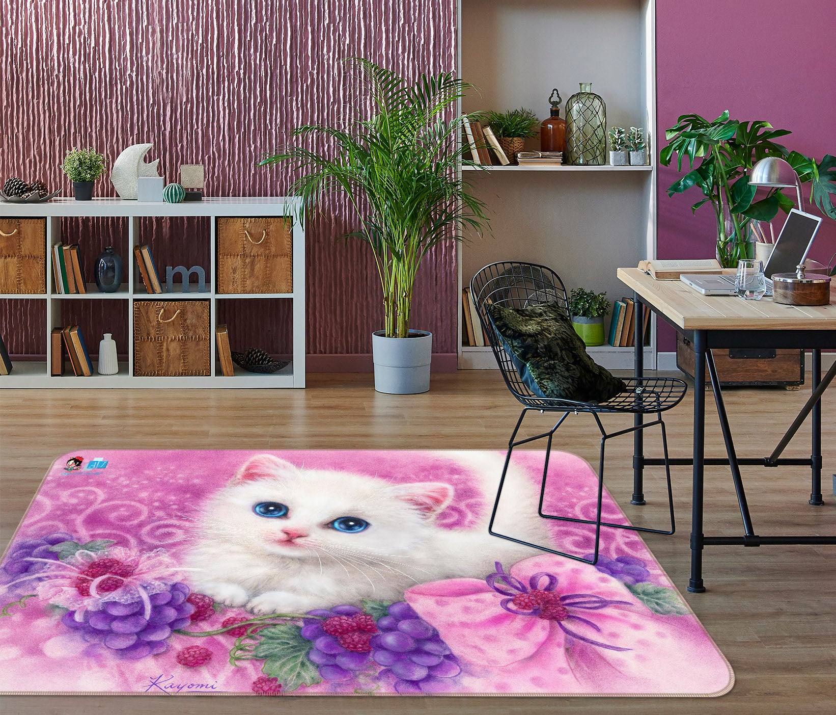 3D Grape White Cat 5638 Kayomi Harai Rug Non Slip Rug Mat