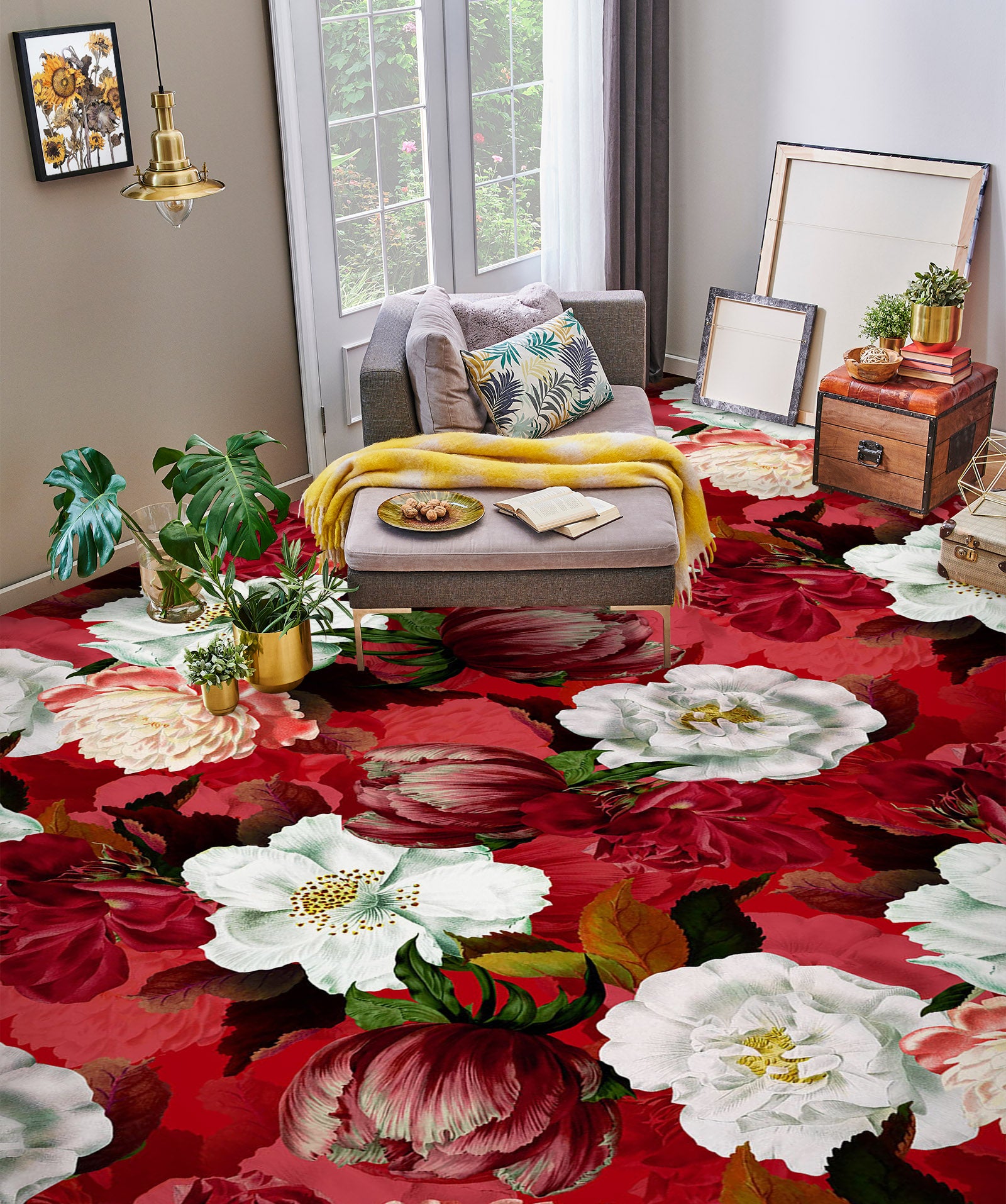 3D Red White Flowers Pattern 10009 Uta Naumann Floor Mural