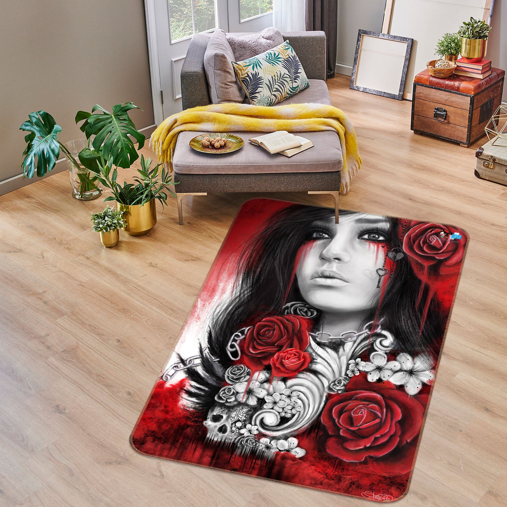 3D Rose Skull Woman 8548 Sheena Pike Rug Non Slip Rug Mat