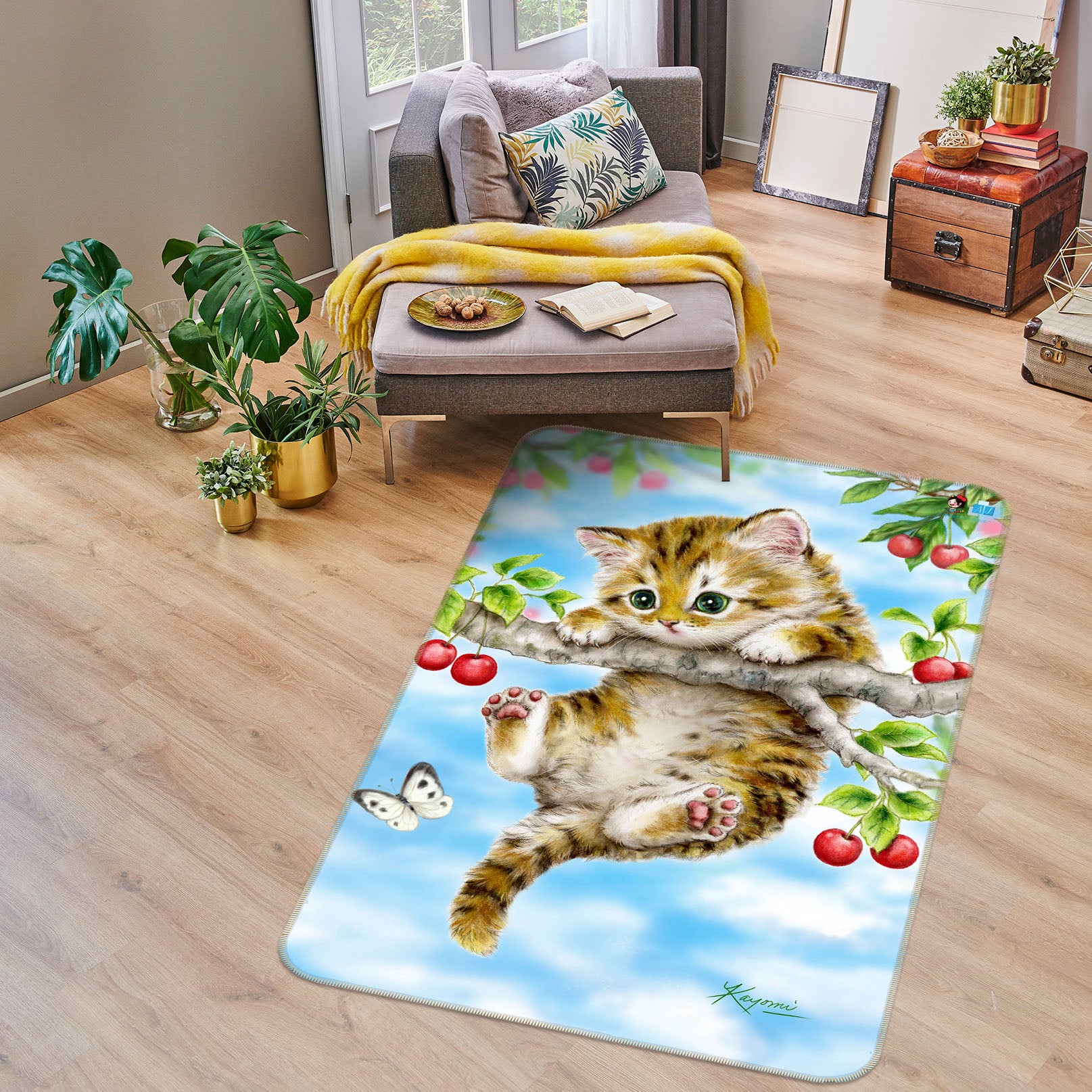 3D Cherry Cat Butterfly 5756 Kayomi Harai Rug Non Slip Rug Mat