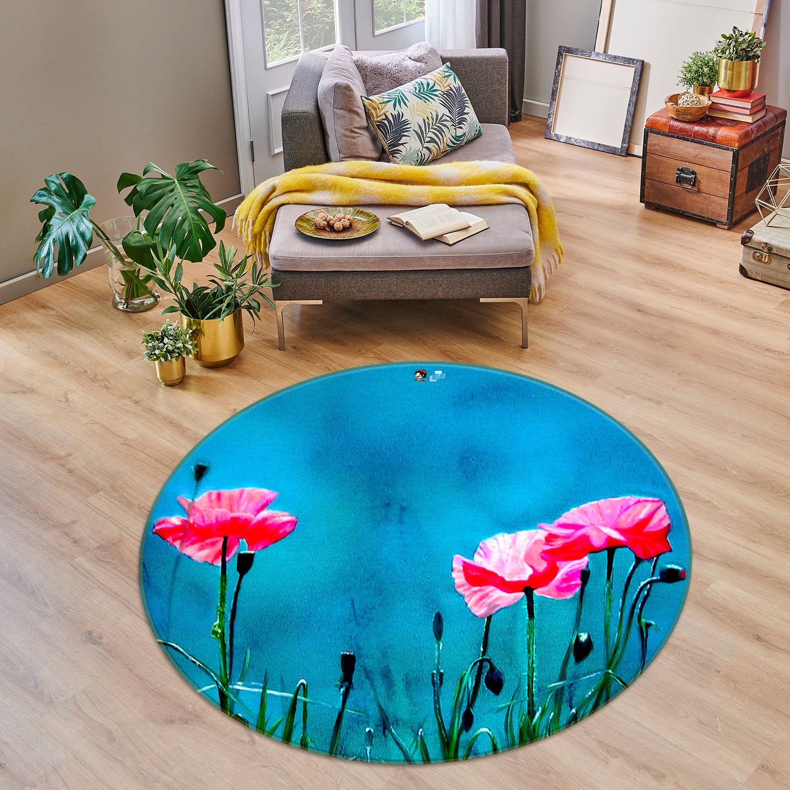 3D Pink Flowers 11085 Matthew Holden Bates Rug Round Non Slip Rug Mat