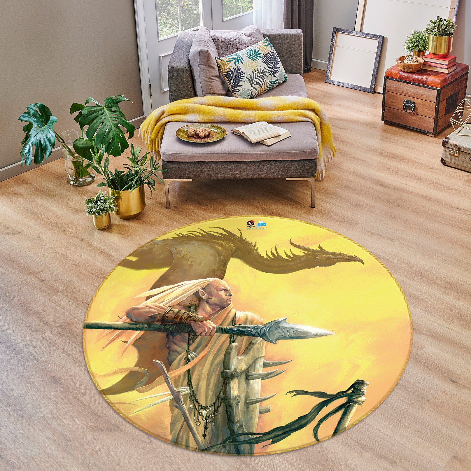 3D Long Hair Sword Man Dragon 6102 Ciruelo Rug Round Non Slip Rug Mat