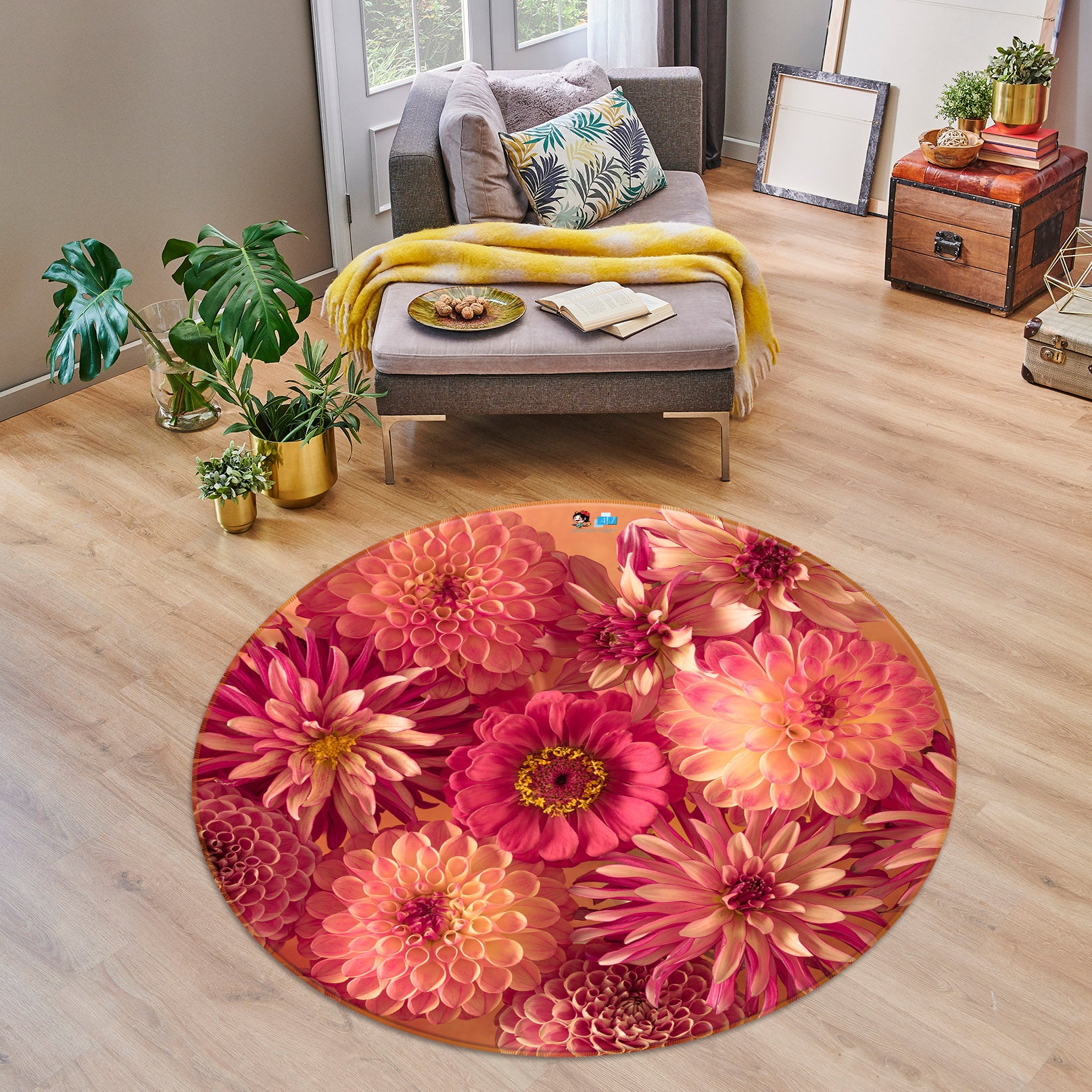 3D Bright Flowers 7328 Assaf Frank Rug Round Non Slip Rug Mat