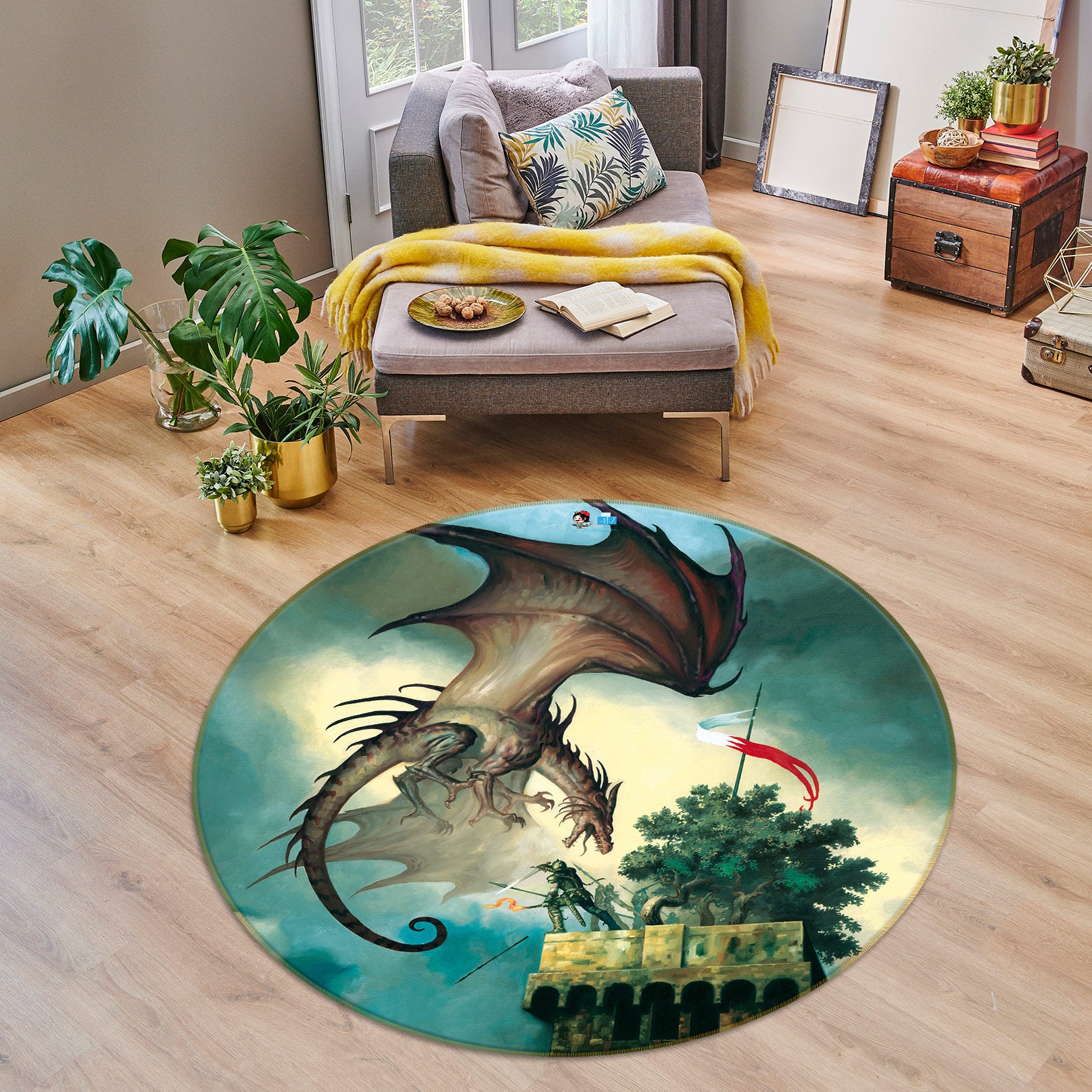 3D Roof Tree Dragon 6097 Ciruelo Rug Round Non Slip Rug Mat