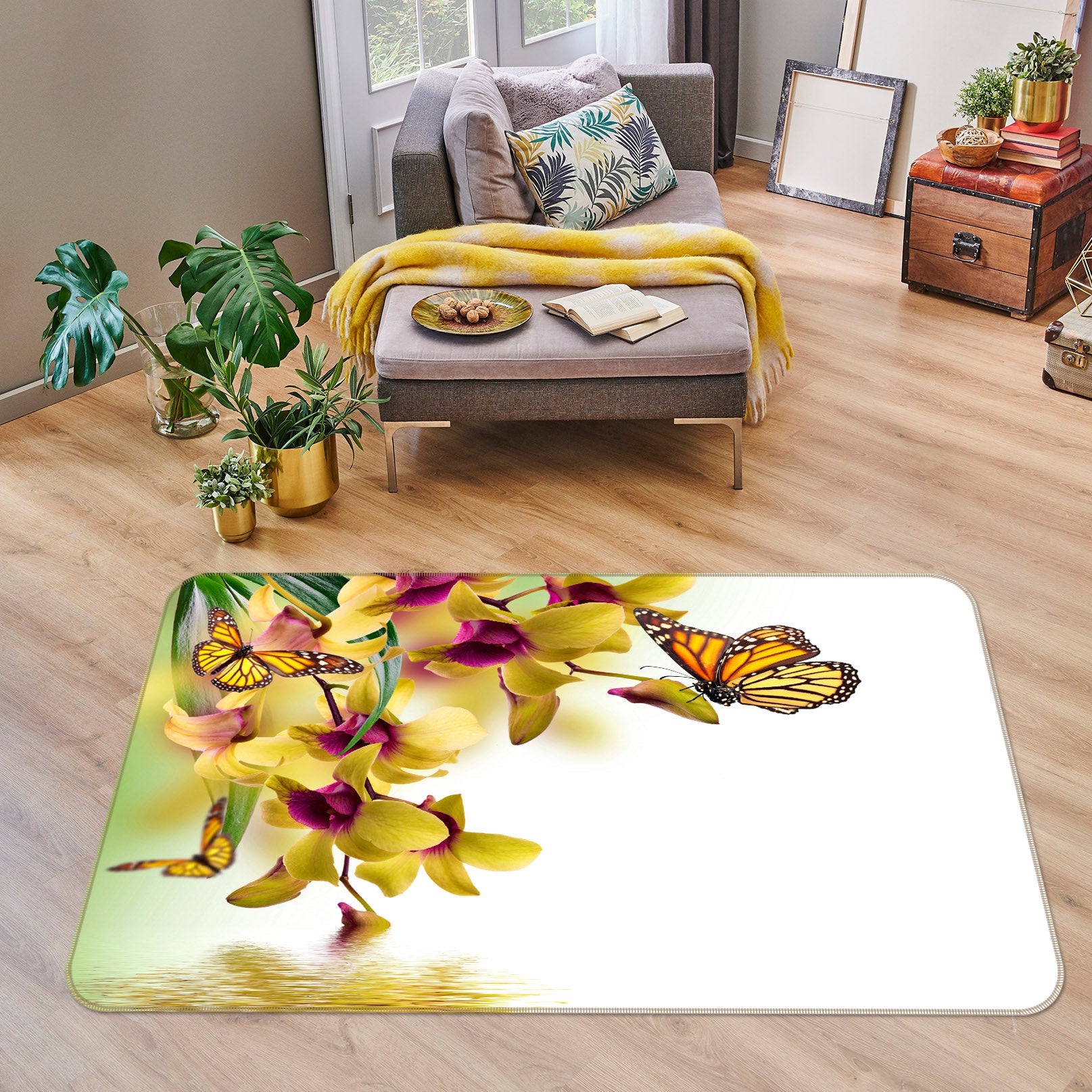 3D Yellow Flower Butterfly 68180 Animal Non Slip Rug Mat