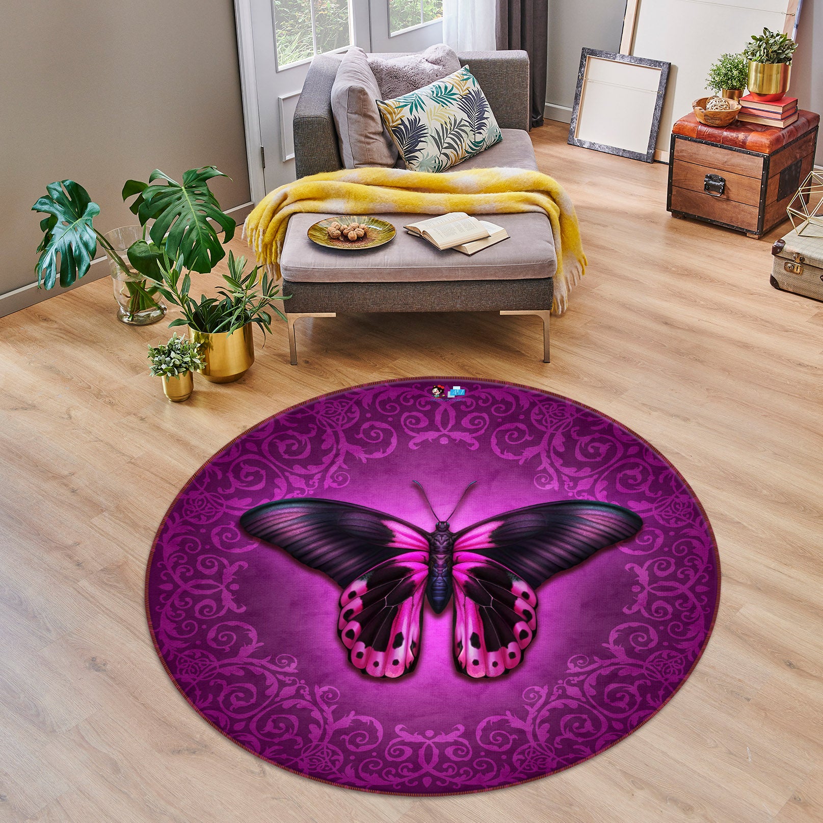 3D Pink Butterfly 8883 Brigid Ashwood Rug Round Non Slip Rug Mat